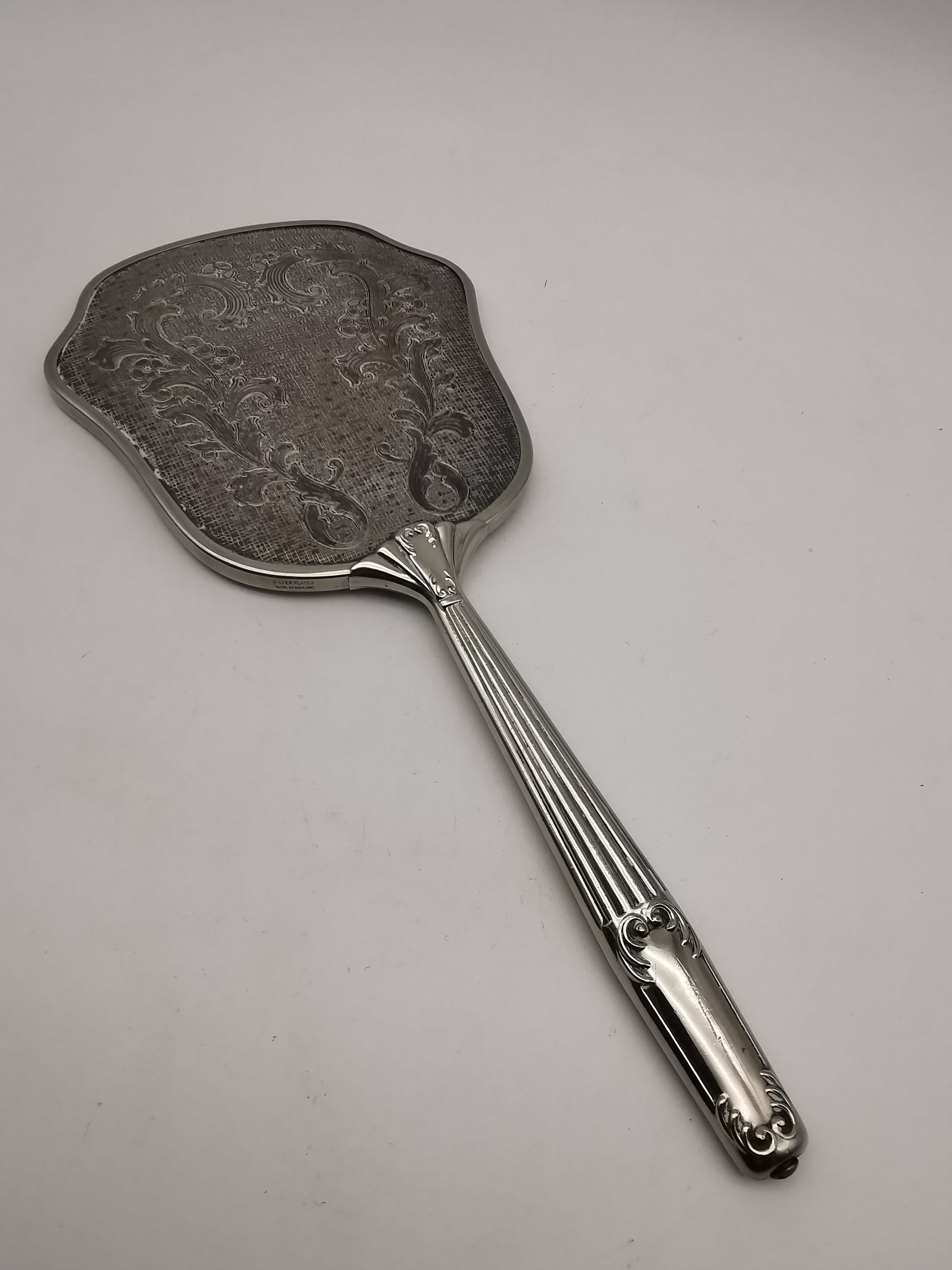 Vintage British Silver Plated Bevelled Hand Mirror – Art Deco Style Fluted Handle
