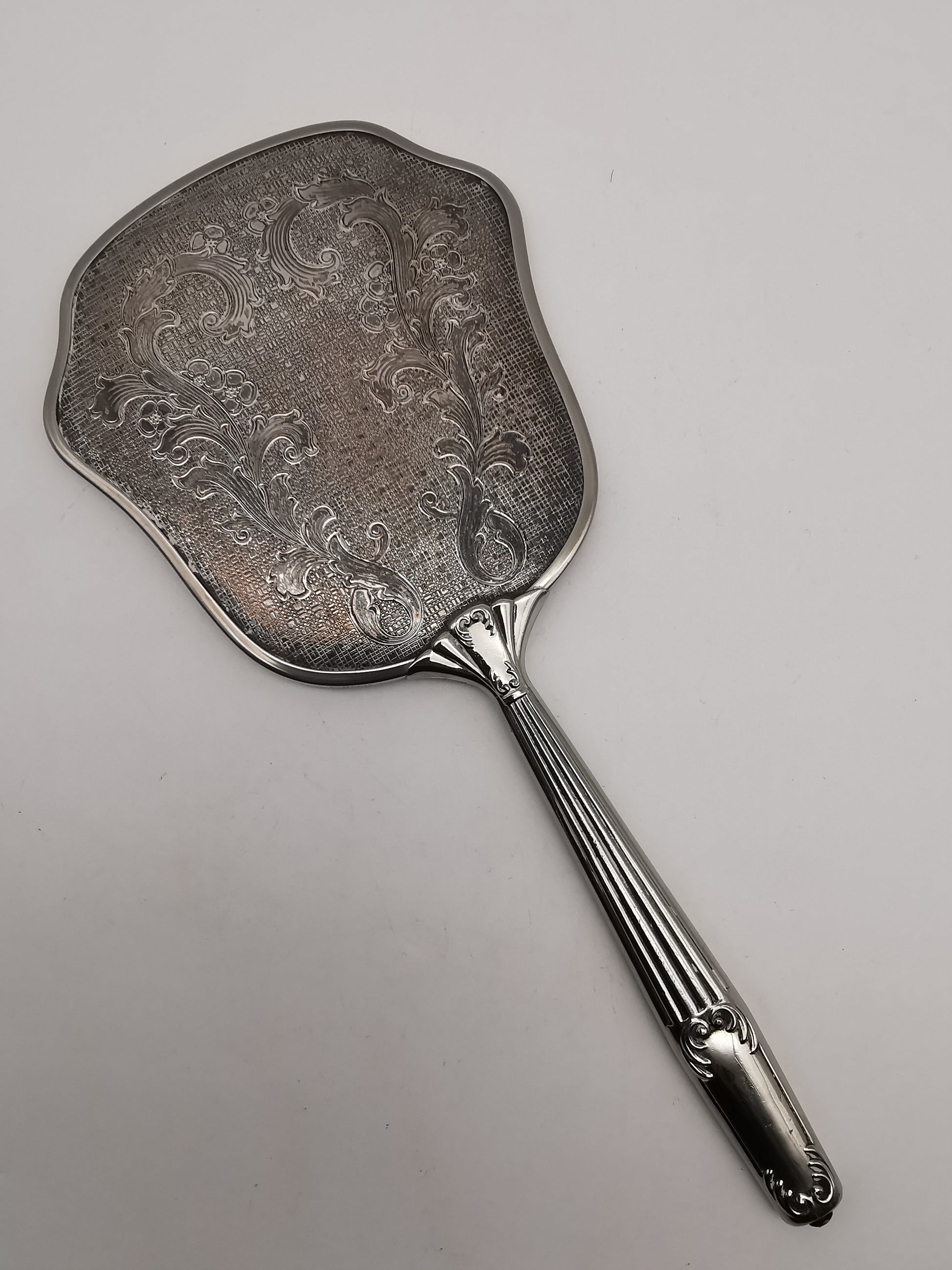 Vintage British Silver Plated Bevelled Hand Mirror – Art Deco Style Fluted Handle