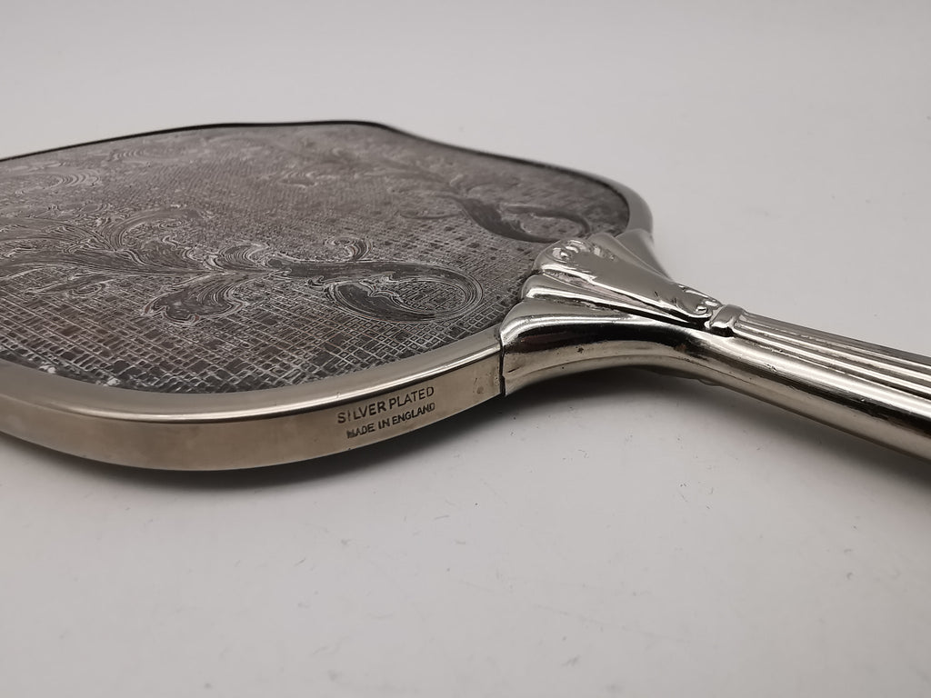 Vintage British Silver Plated Bevelled Hand Mirror – Art Deco Style Fluted Handle
