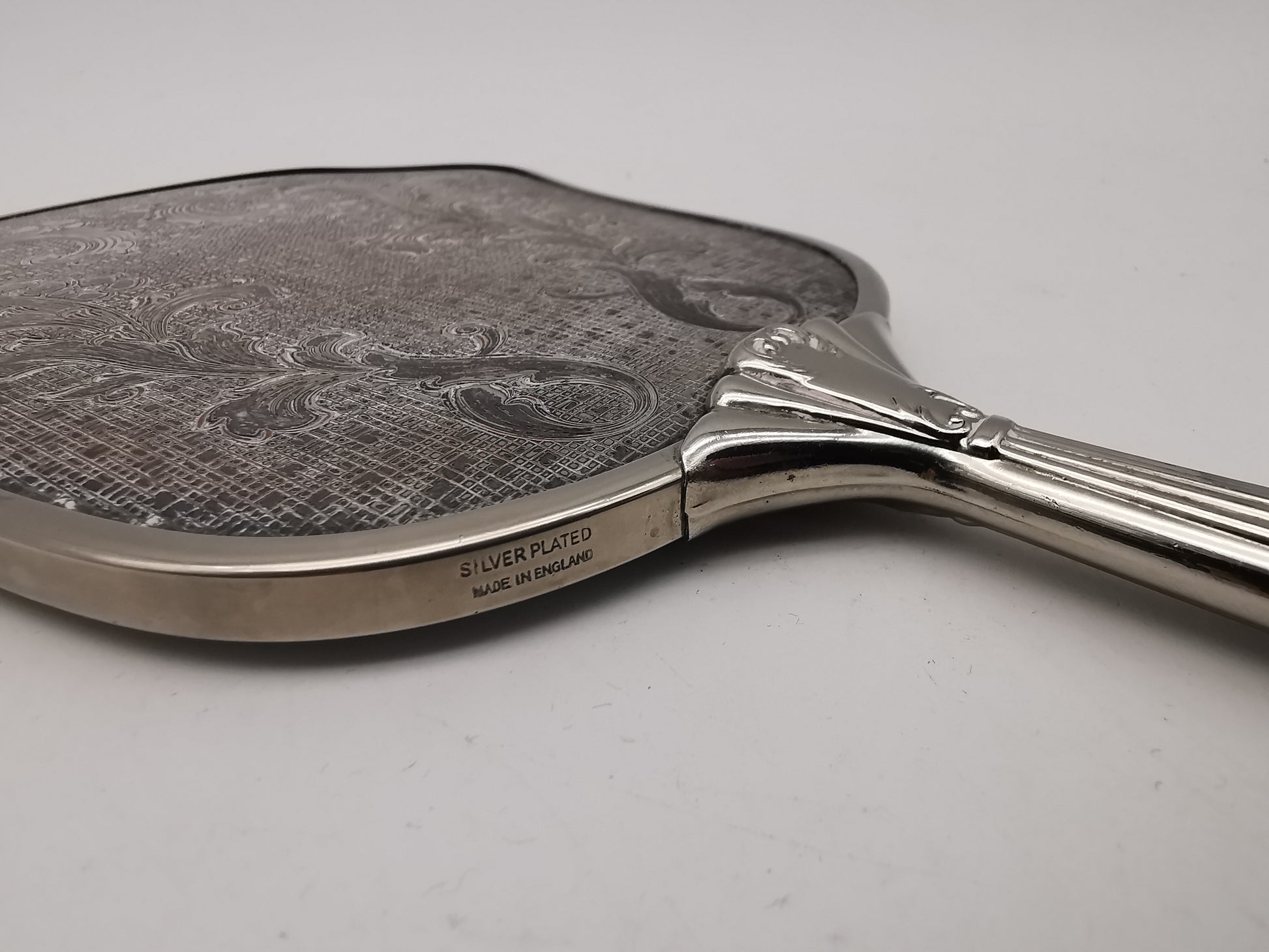 Vintage British Silver Plated Bevelled Hand Mirror – Art Deco Style Fluted Handle