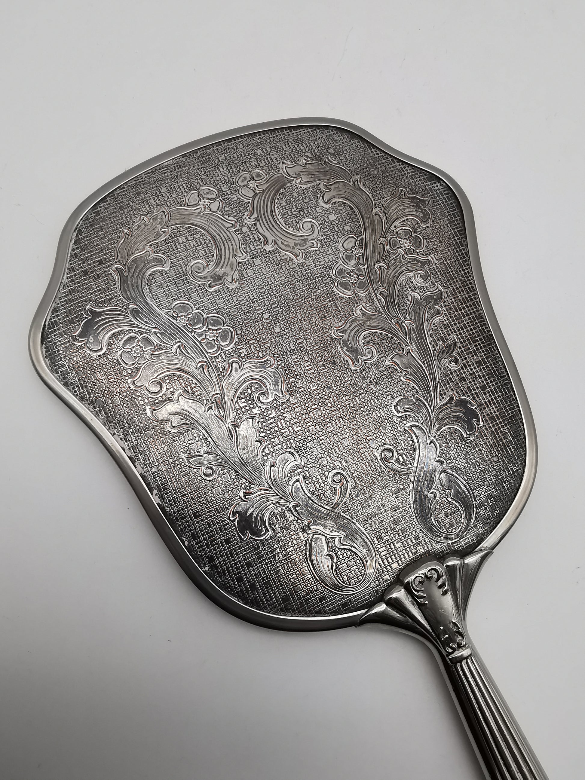 Vintage British Silver Plated Bevelled Hand Mirror – Art Deco Style Fluted Handle