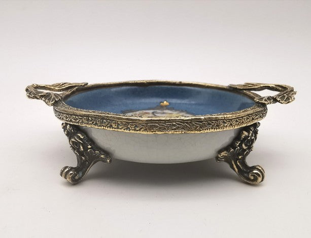 Vintage French Style Porcelain Bonbon Dish – Blue Crackle Glaze Mounted Footed Bowl