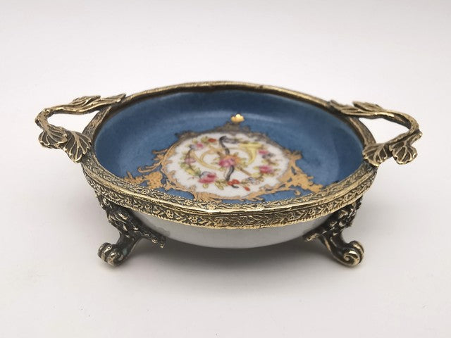 Vintage French Style Porcelain Bonbon Dish – Blue Crackle Glaze Mounted Footed Bowl