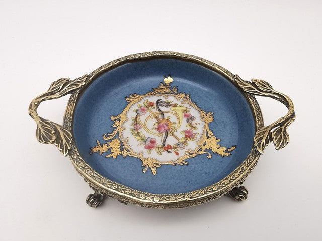 Vintage French Style Porcelain Bonbon Dish – Blue Crackle Glaze Mounted Footed Bowl