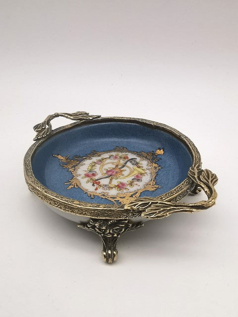 Vintage French Style Porcelain Bonbon Dish – Blue Crackle Glaze Mounted Footed Bowl