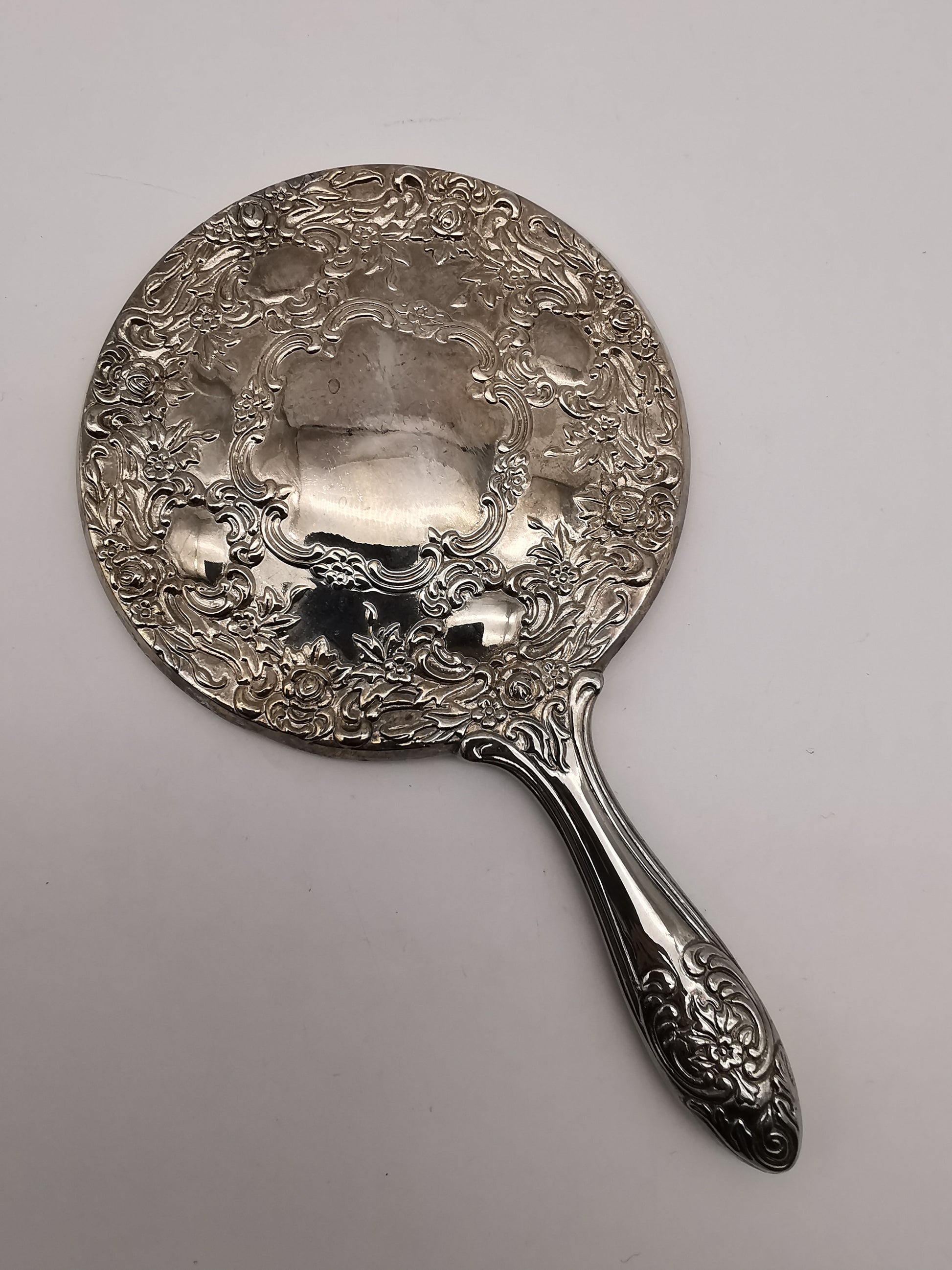 Vintage Victorian-Style Ornate Silver Plated Hand Mirror – Floral Repoussé Vanity Decor