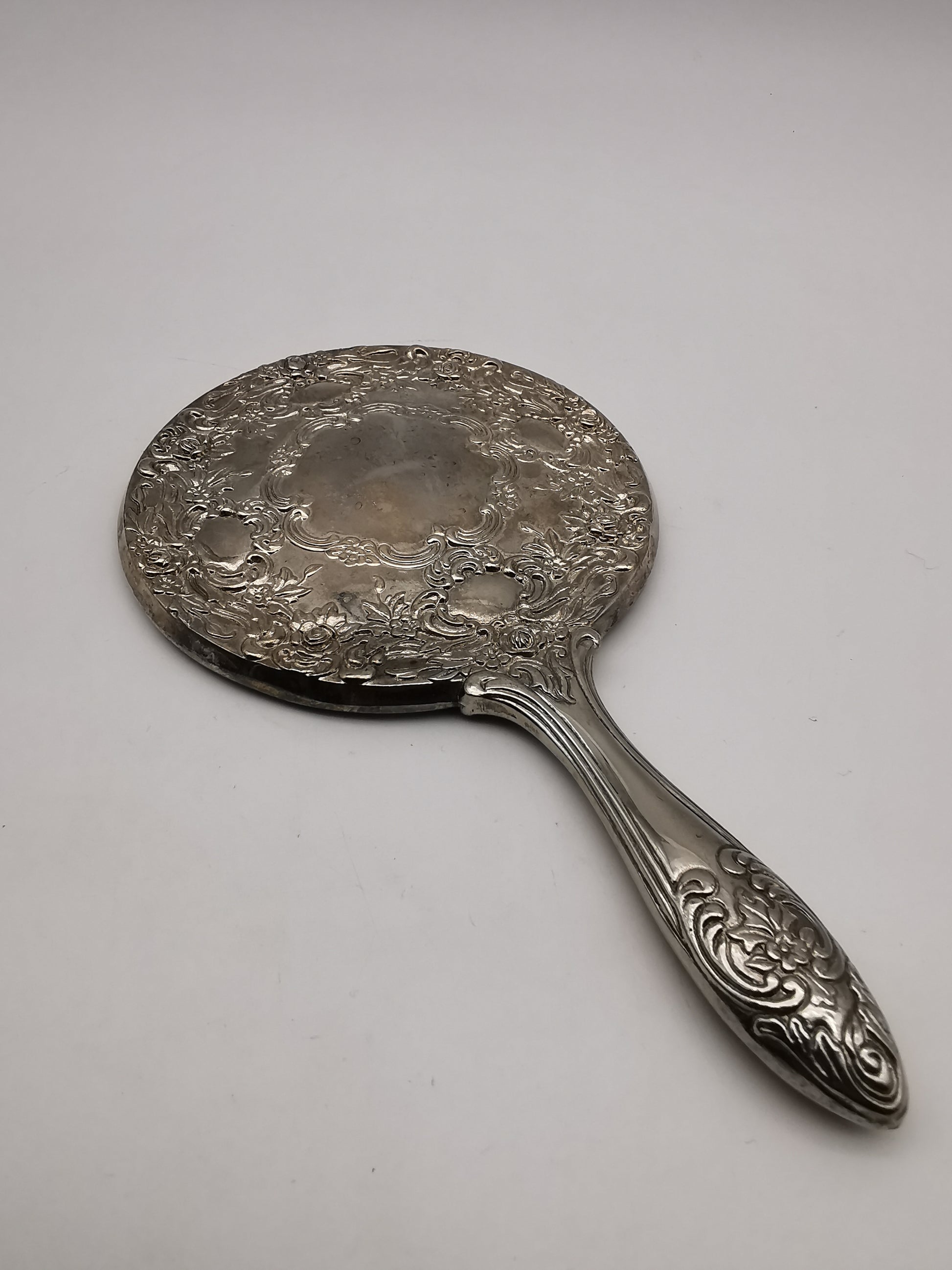Vintage Victorian-Style Ornate Silver Plated Hand Mirror – Floral Repoussé Vanity Decor
