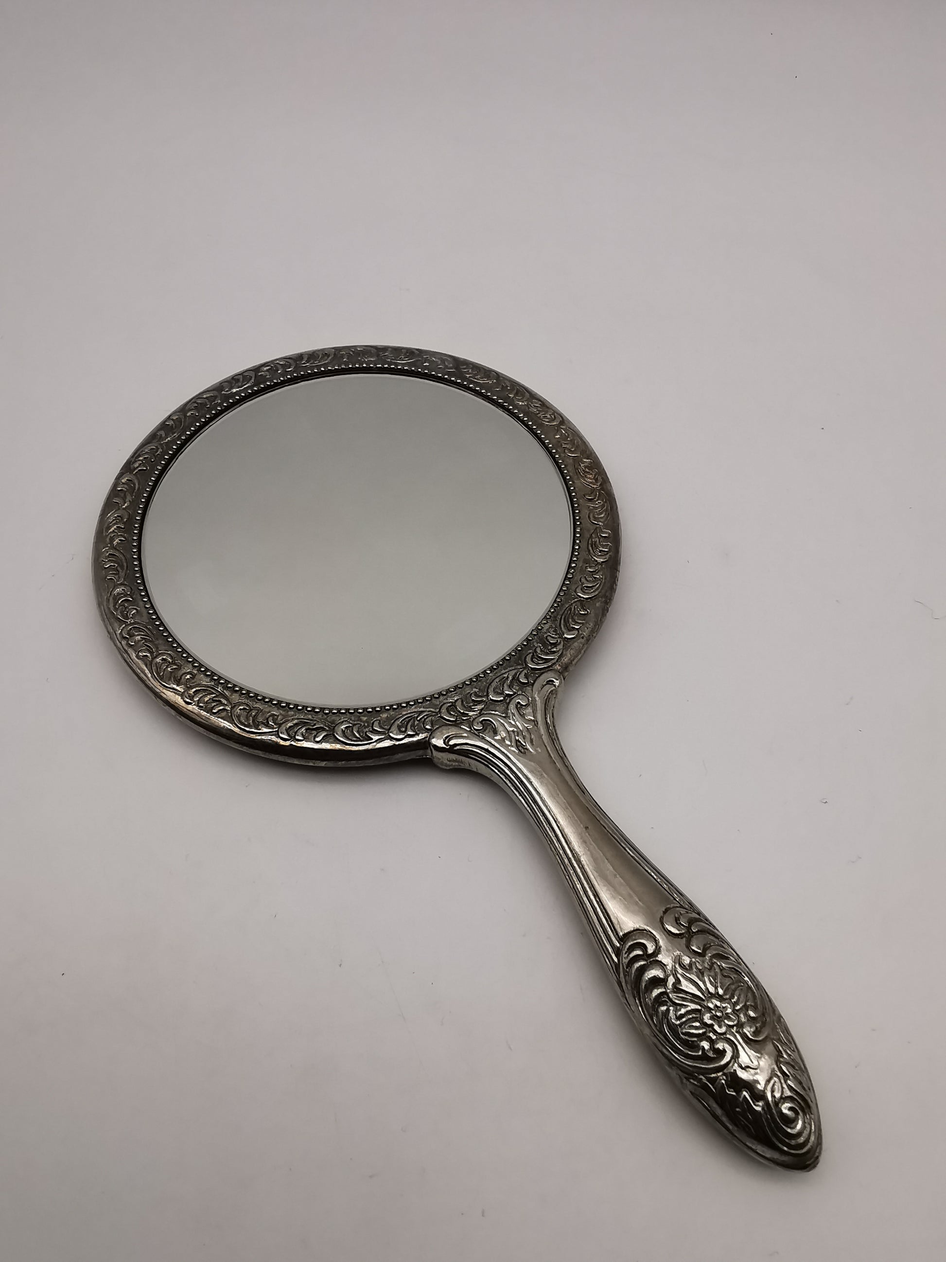 Vintage Victorian-Style Ornate Silver Plated Hand Mirror – Floral Repoussé Vanity Decor