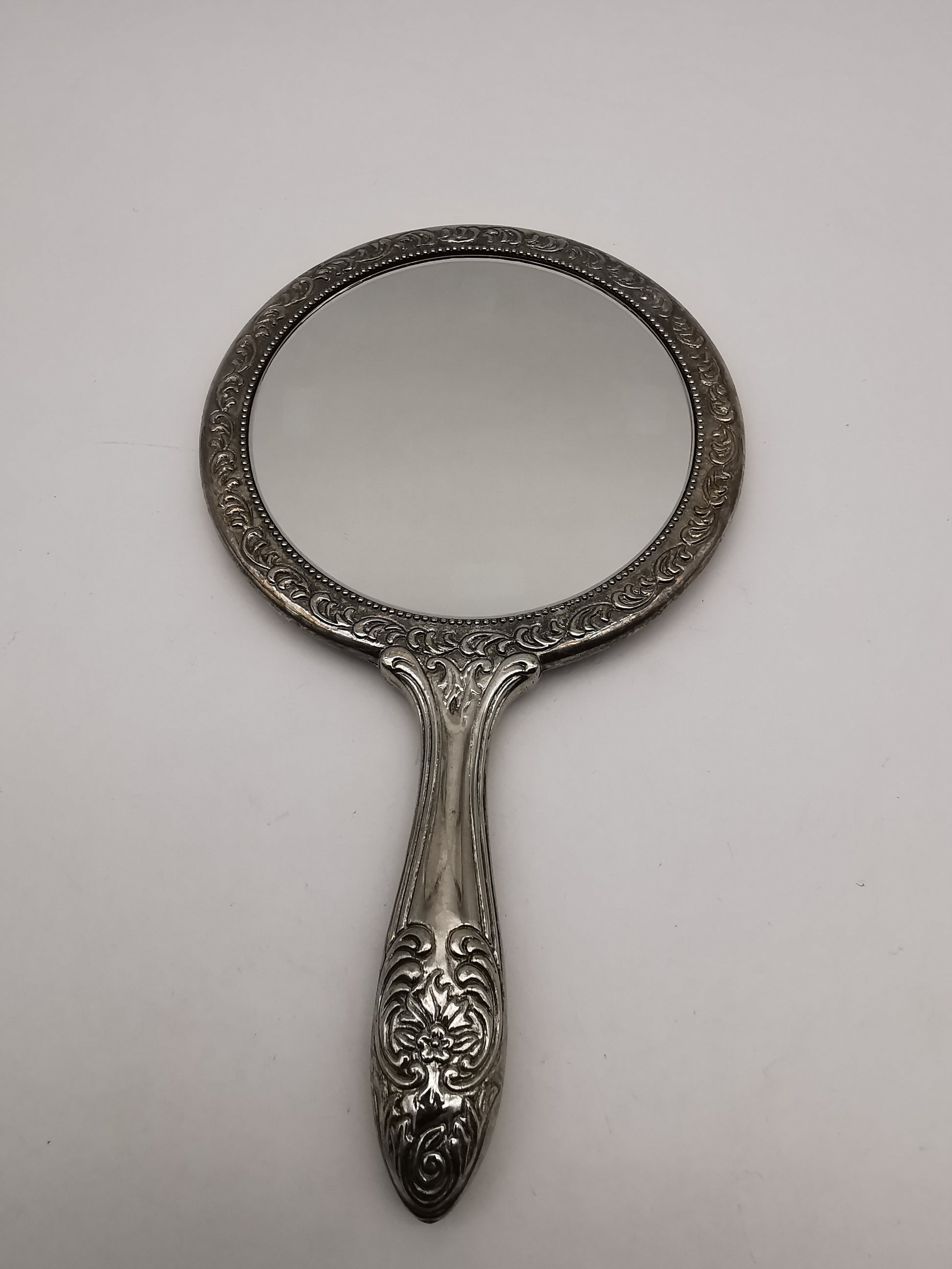 Vintage Victorian-Style Ornate Silver Plated Hand Mirror – Floral Repoussé Vanity Decor