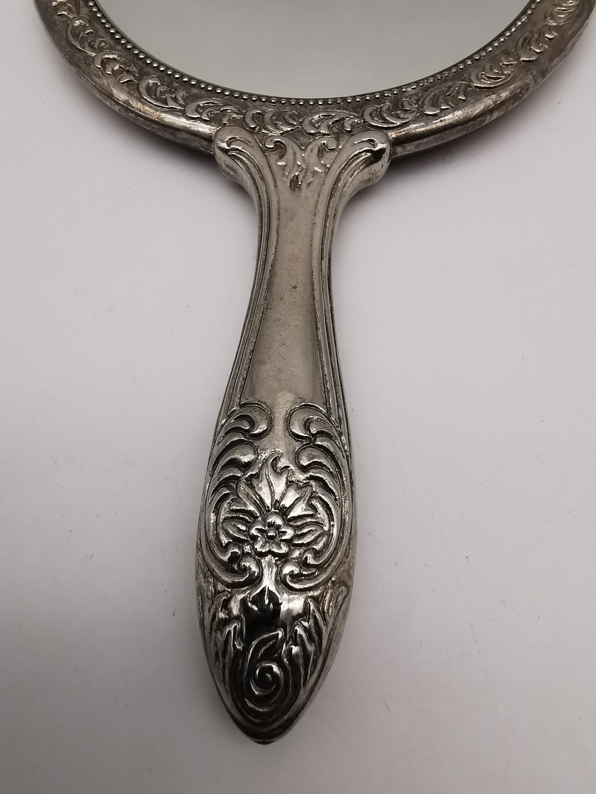 Vintage Victorian-Style Ornate Silver Plated Hand Mirror – Floral Repoussé Vanity Decor