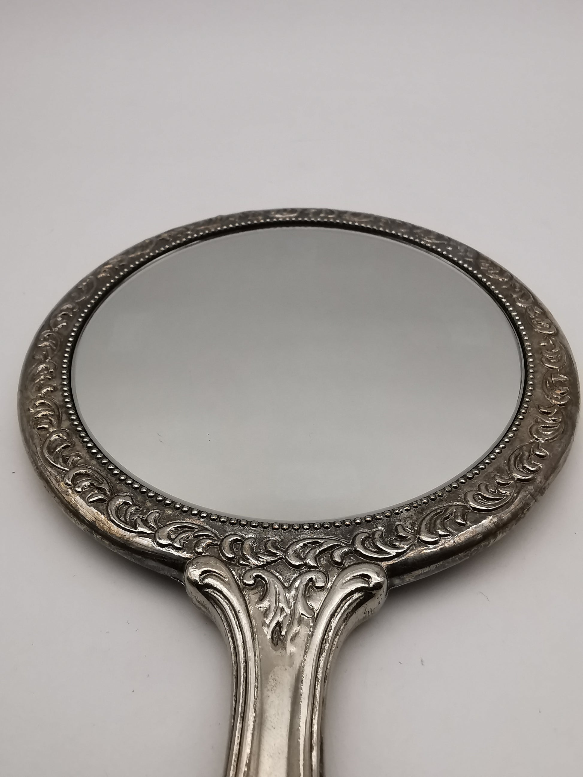 Vintage Victorian-Style Ornate Silver Plated Hand Mirror – Floral Repoussé Vanity Decor