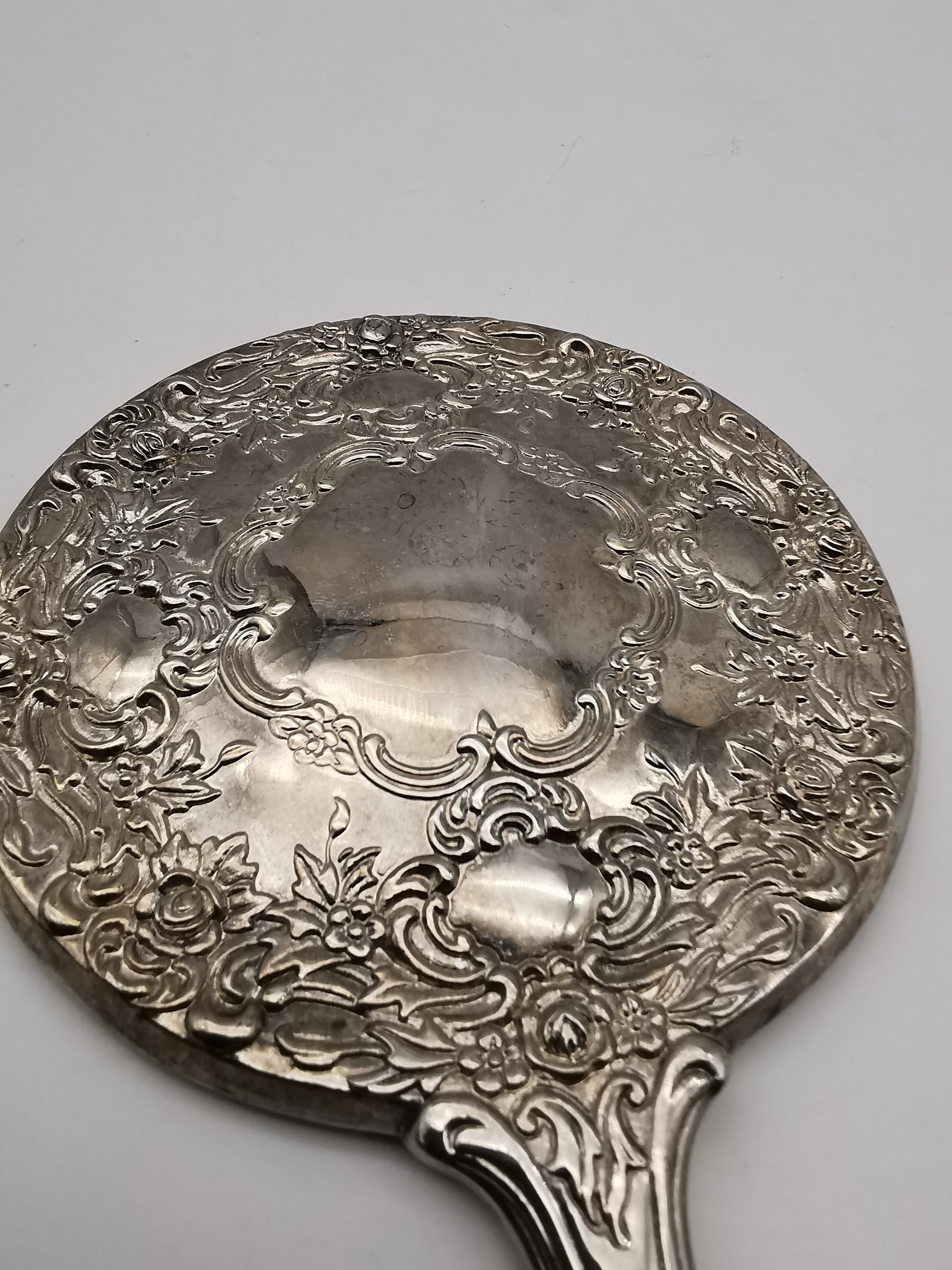 Vintage Victorian-Style Ornate Silver Plated Hand Mirror – Floral Repoussé Vanity Decor