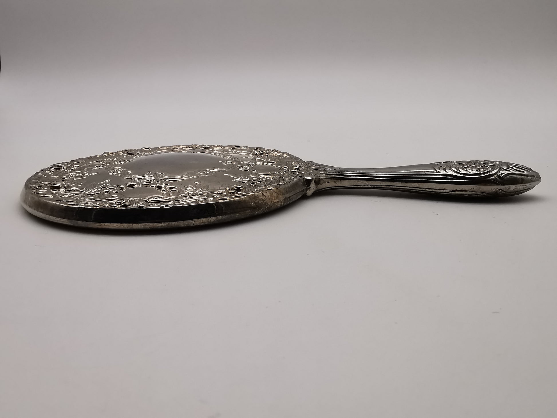 Vintage Victorian-Style Ornate Silver Plated Hand Mirror – Floral Repoussé Vanity Decor