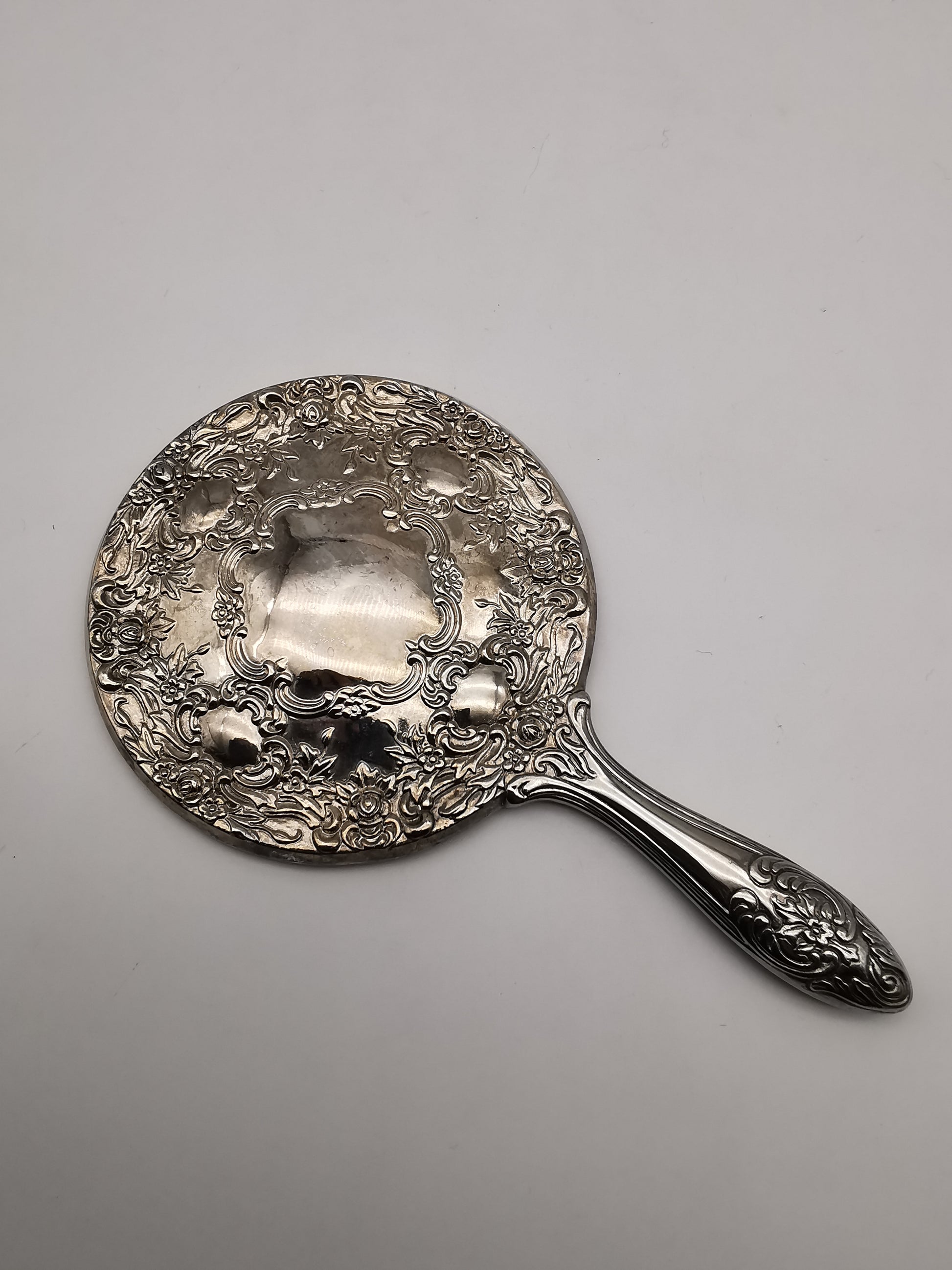 Vintage Victorian-Style Ornate Silver Plated Hand Mirror – Floral Repoussé Vanity Decor