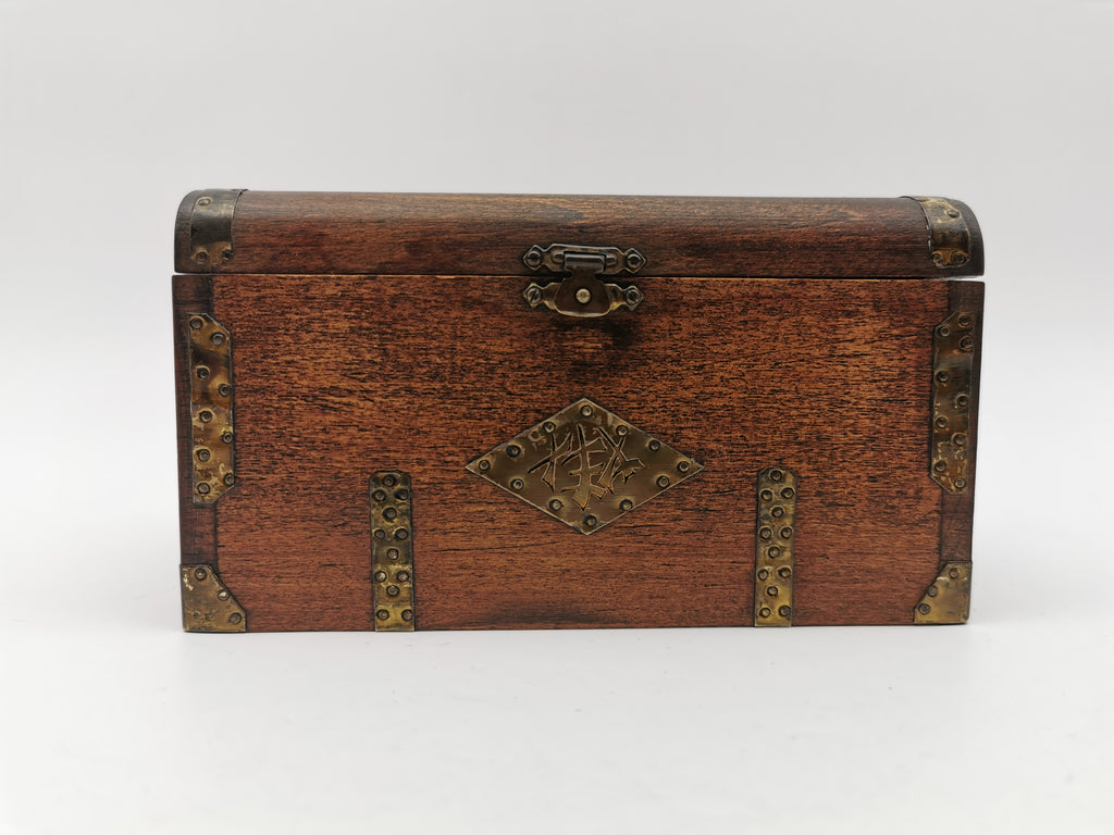 Vintage Chinese Wooden Tobacco Box – Zinc Lined Tea Caddy Chest with Brass Inlay