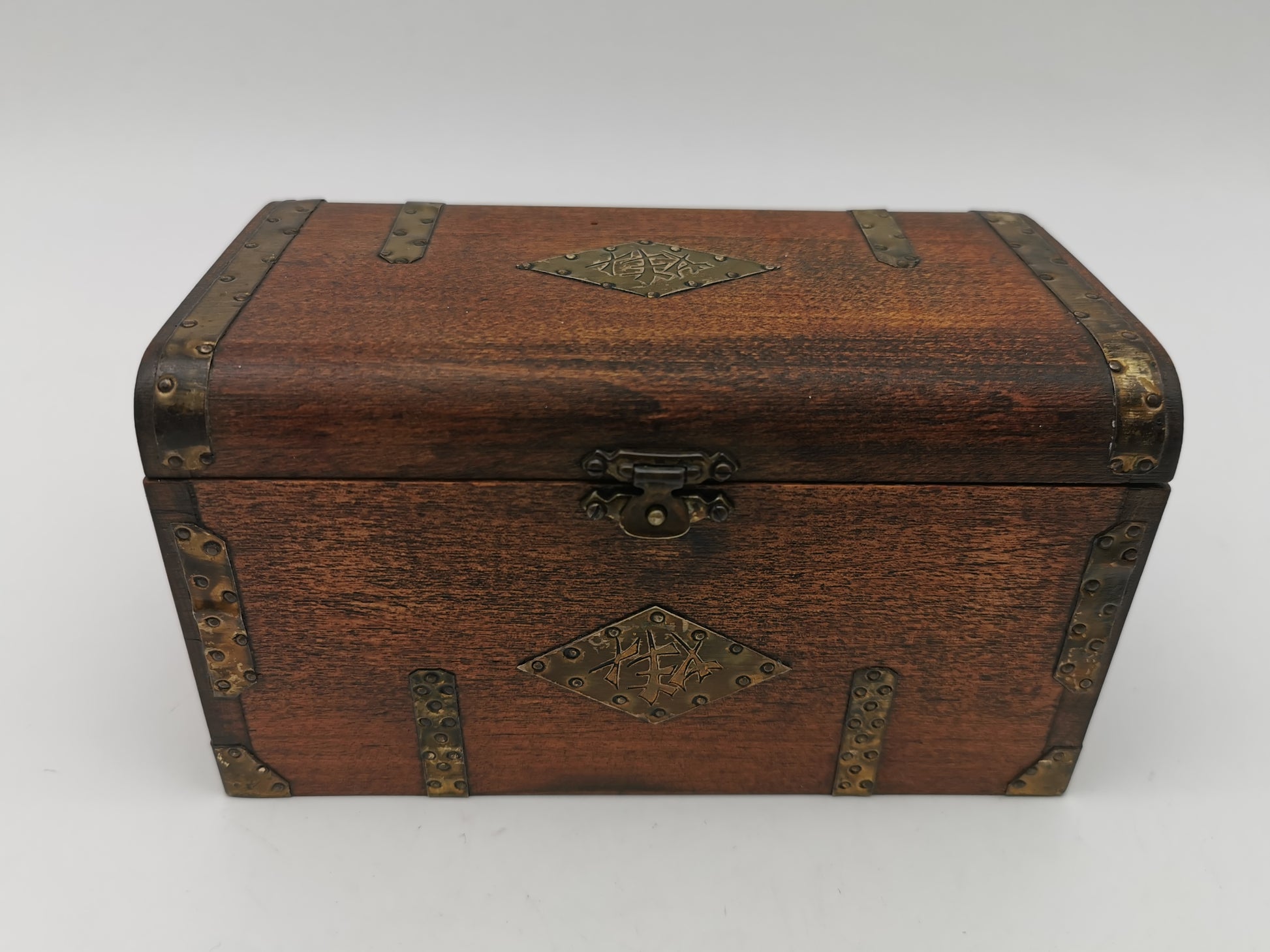 Vintage Chinese Wooden Tobacco Box – Zinc Lined Tea Caddy Chest with Brass Inlay