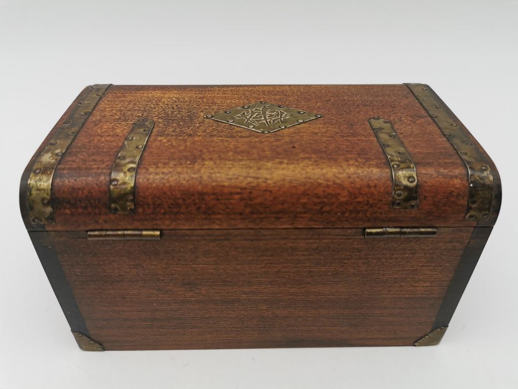 Vintage Chinese Wooden Tobacco Box – Zinc Lined Tea Caddy Chest with Brass Inlay