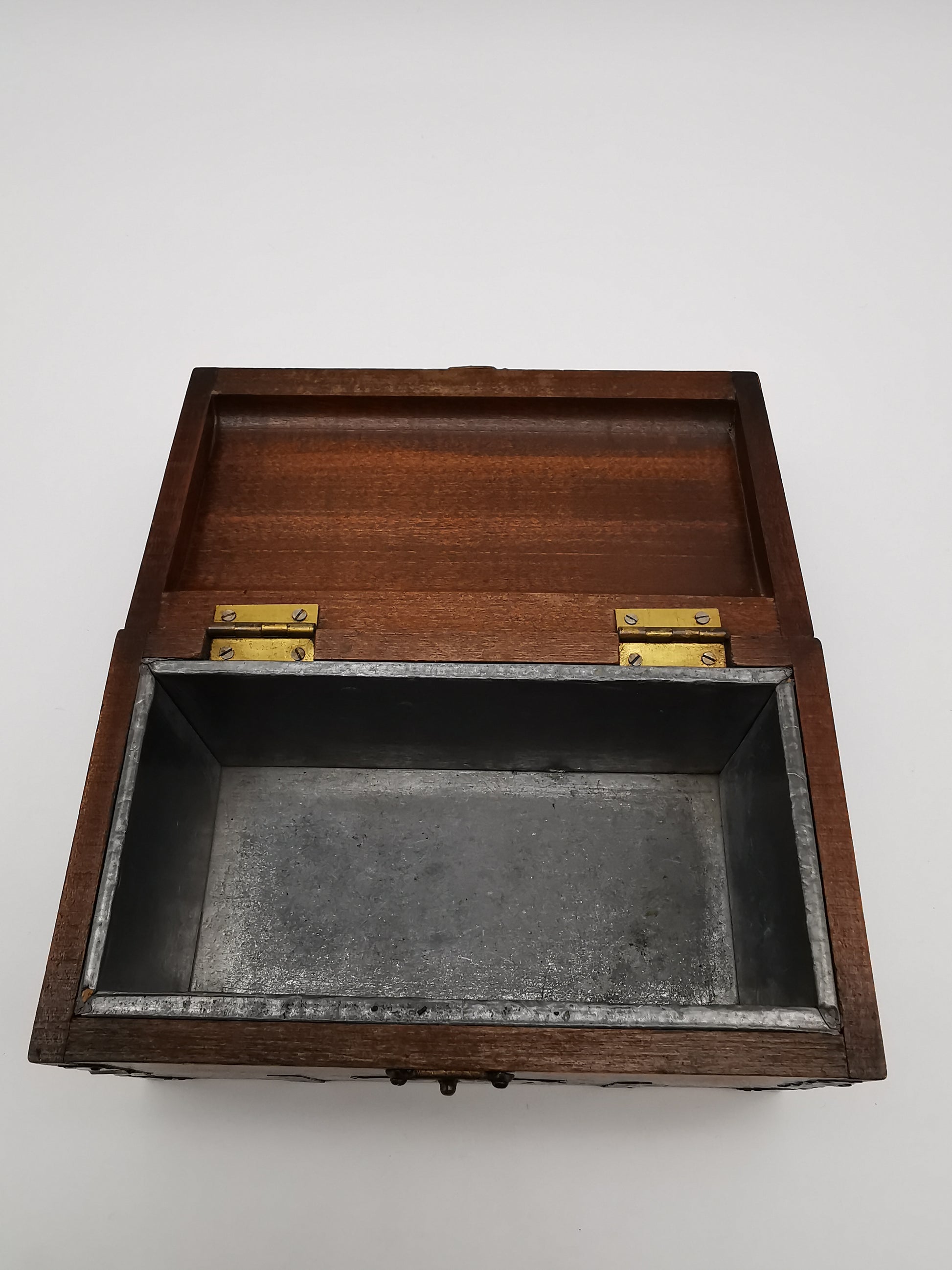 Vintage Chinese Wooden Tobacco Box – Zinc Lined Tea Caddy Chest with Brass Inlay
