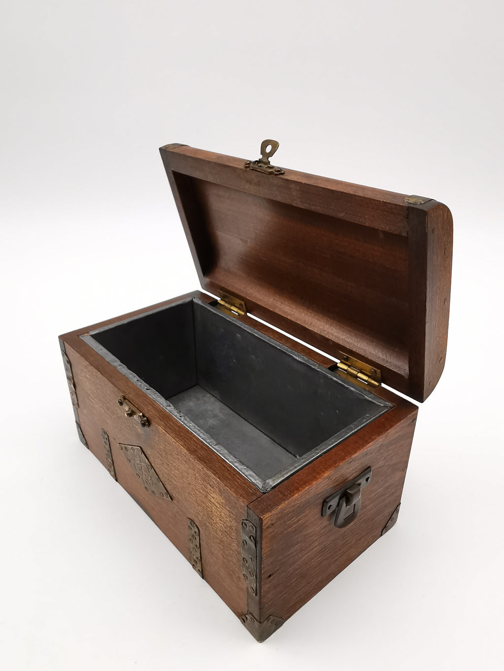 Vintage Chinese Wooden Tobacco Box – Zinc Lined Tea Caddy Chest with Brass Inlay