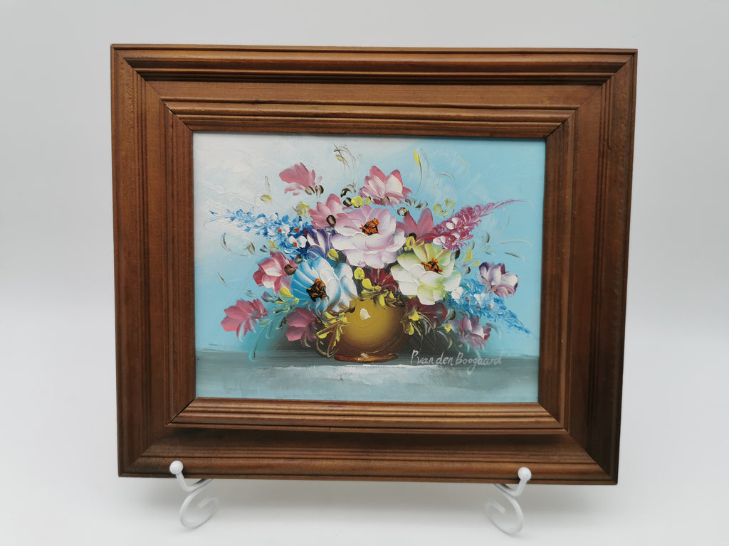 Vintage Floral Oil Painting – Framed Blue Still Life, Signed P. van den Boogaard 33cm x 28cm