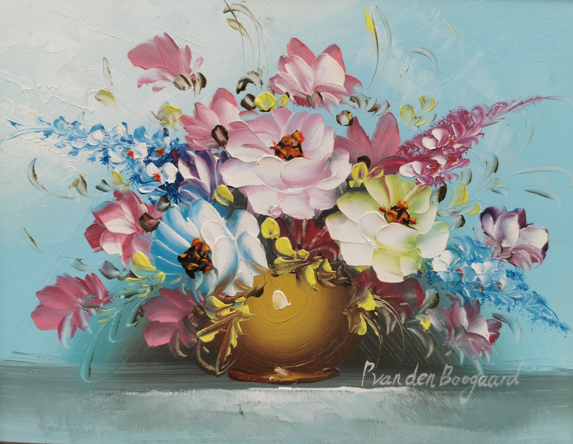Vintage Floral Oil Painting – Framed Blue Still Life, Signed P. van den Boogaard 33cm x 28cm