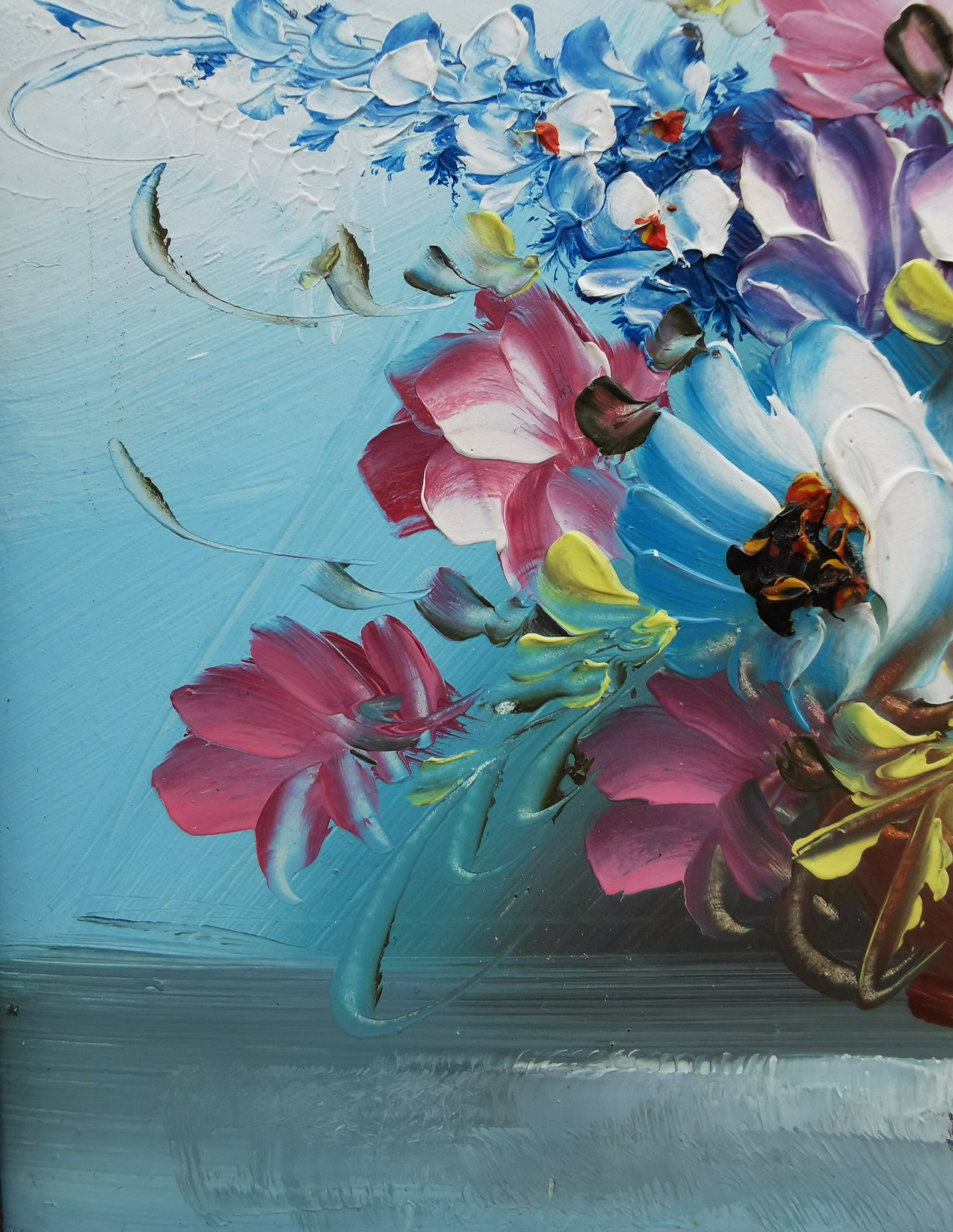 Vintage Floral Oil Painting – Framed Blue Still Life, Signed P. van den Boogaard 33cm x 28cm