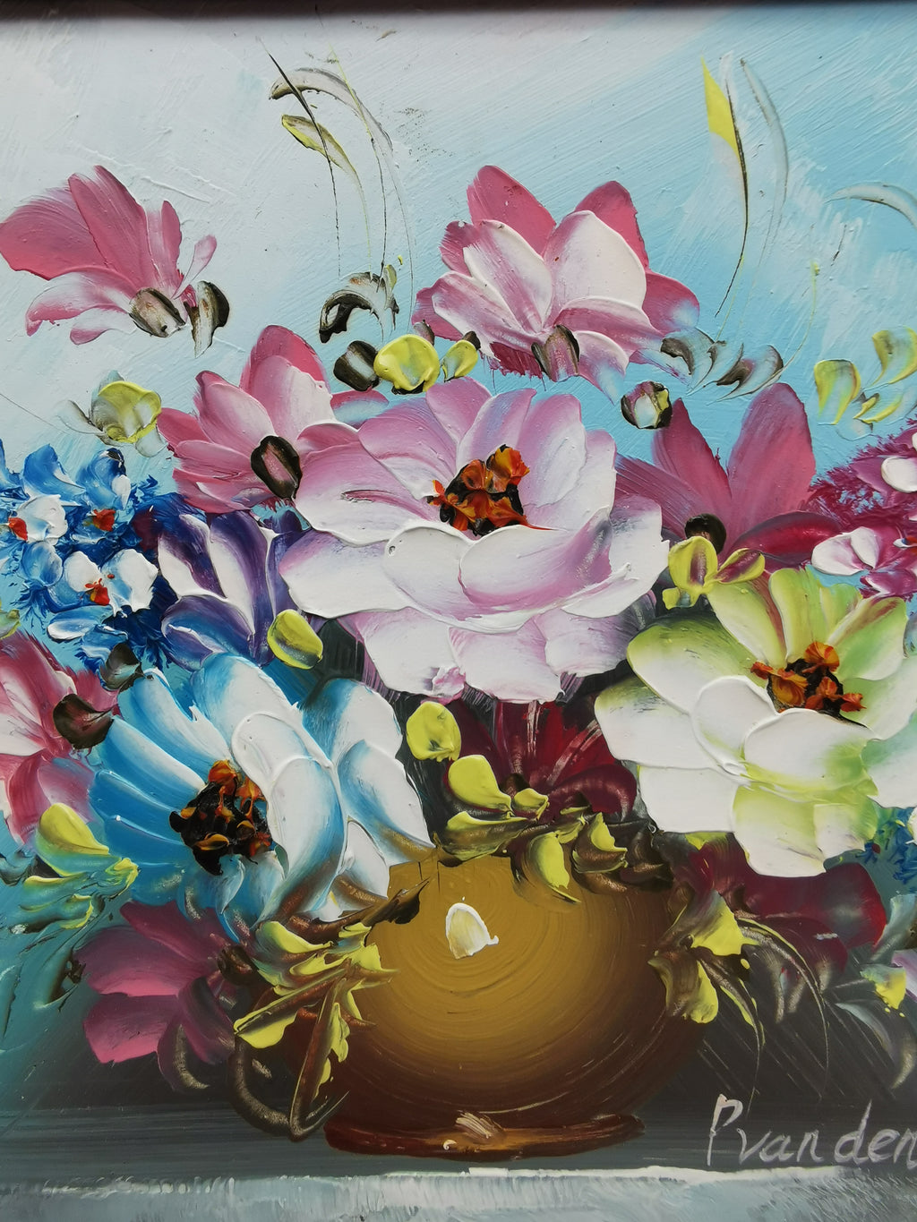 Vintage Floral Oil Painting – Framed Blue Still Life, Signed P. van den Boogaard 33cm x 28cm