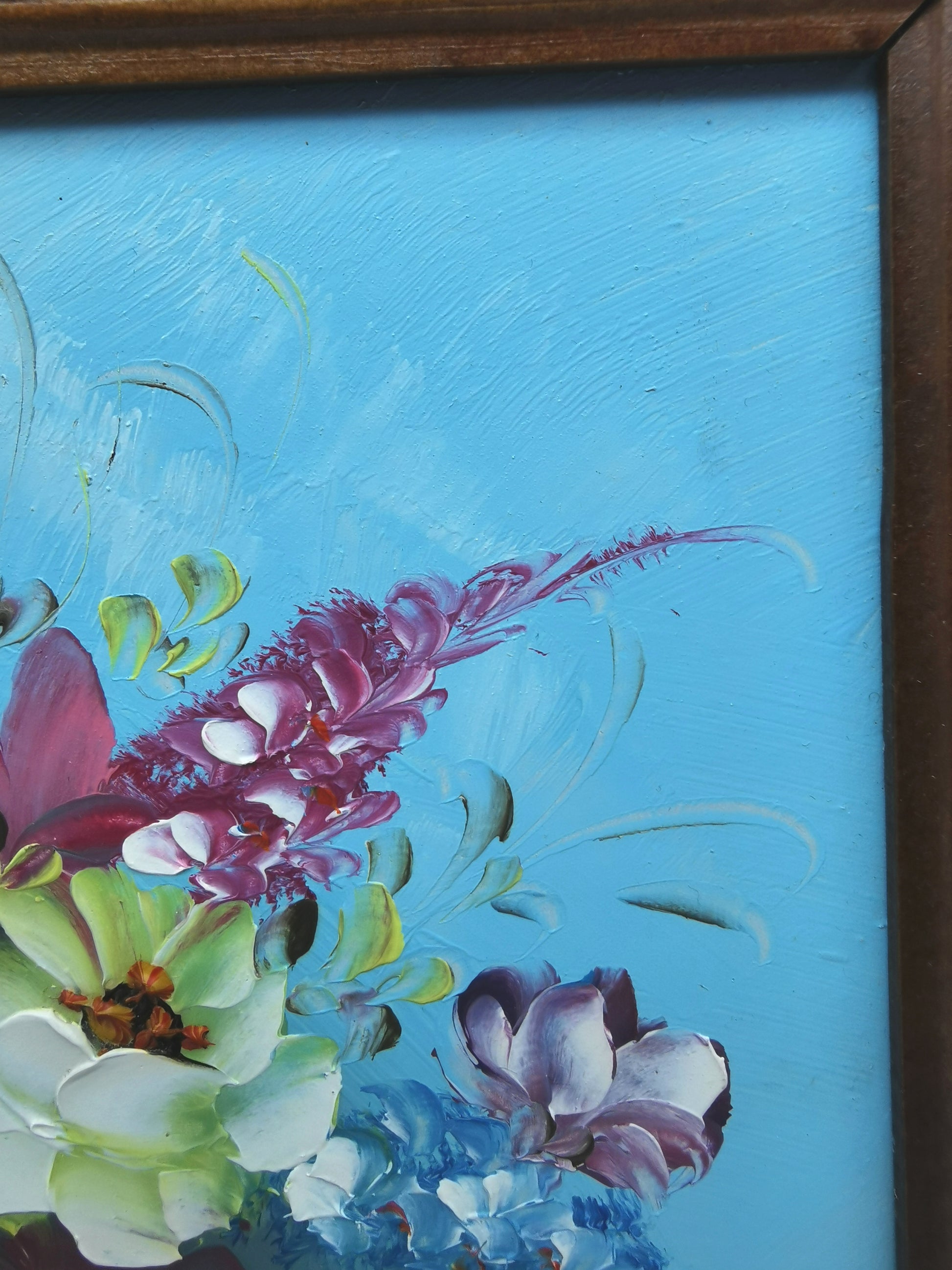 Vintage Floral Oil Painting – Framed Blue Still Life, Signed P. van den Boogaard 33cm x 28cm