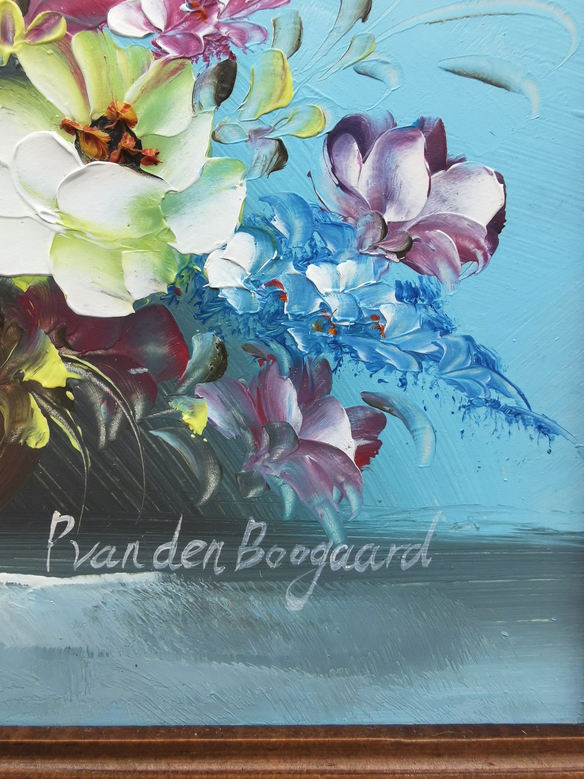 Vintage Floral Oil Painting – Framed Blue Still Life, Signed P. van den Boogaard 33cm x 28cm