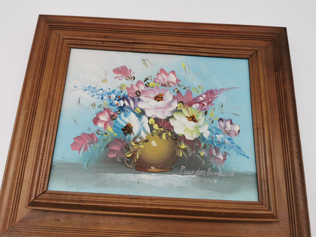 Vintage Floral Oil Painting – Framed Blue Still Life, Signed P. van den Boogaard 33cm x 28cm