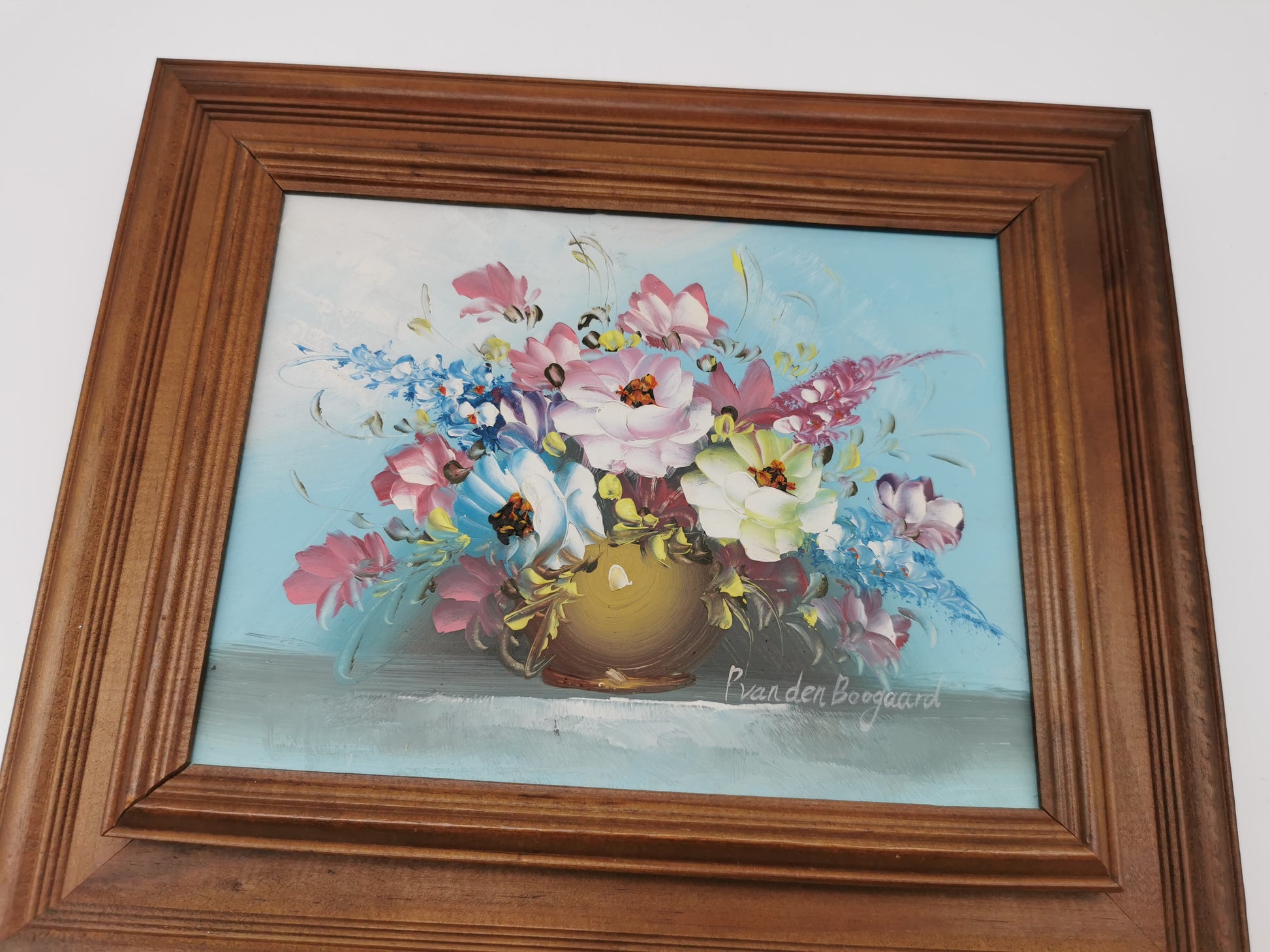 Vintage Floral Oil Painting – Framed Blue Still Life, Signed P. van den Boogaard 33cm x 28cm