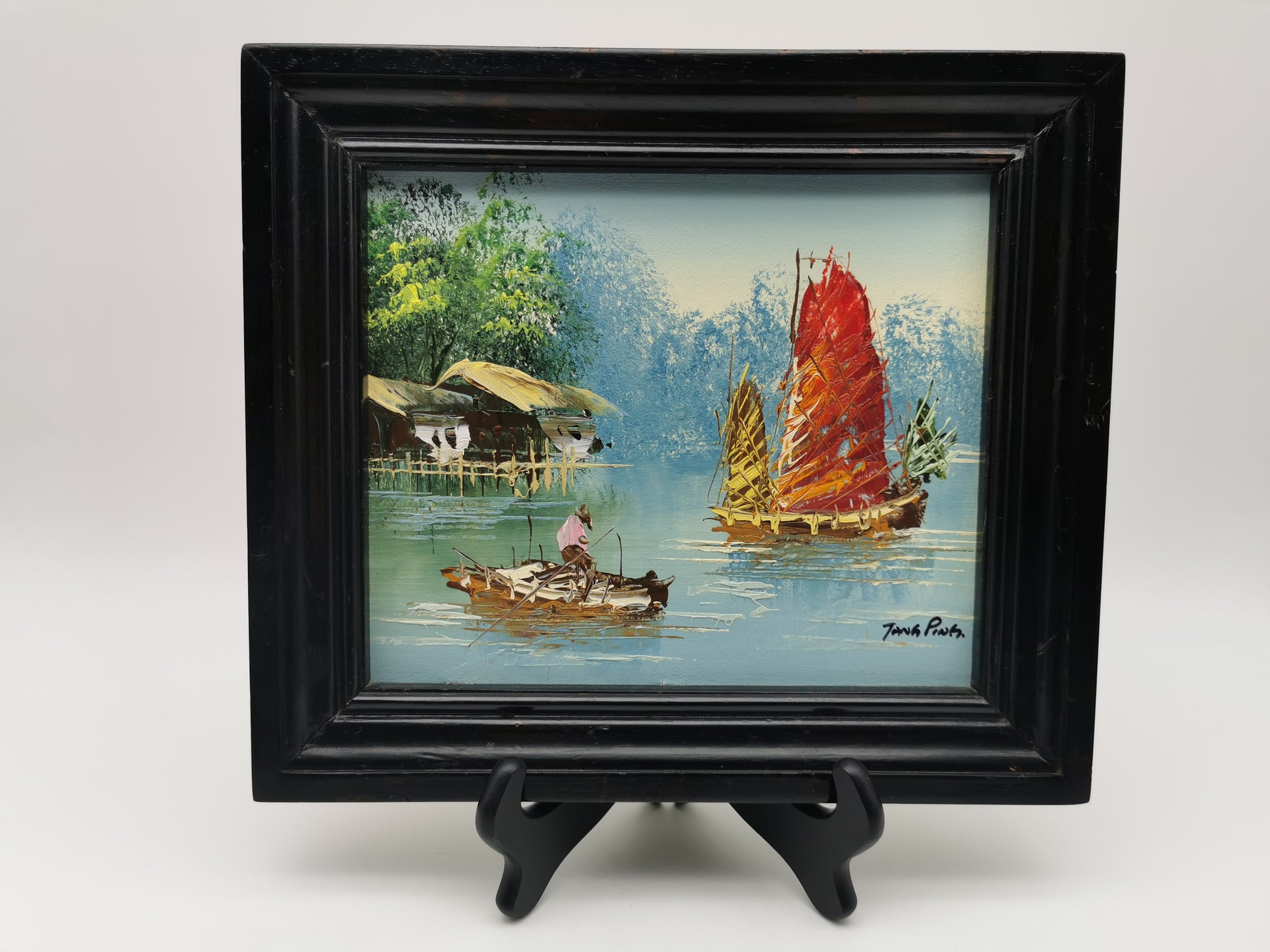 Vintage Mid-Century Chinese Junk Boats Oil Painting by Jang Ping