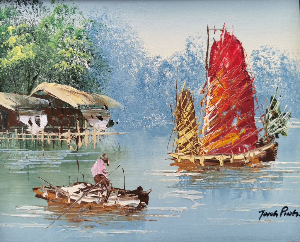 Vintage Mid-Century Chinese Junk Boats Oil Painting by Jang Ping