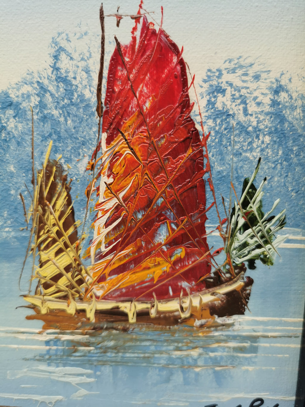 Vintage Mid-Century Chinese Junk Boats Oil Painting by Jang Ping