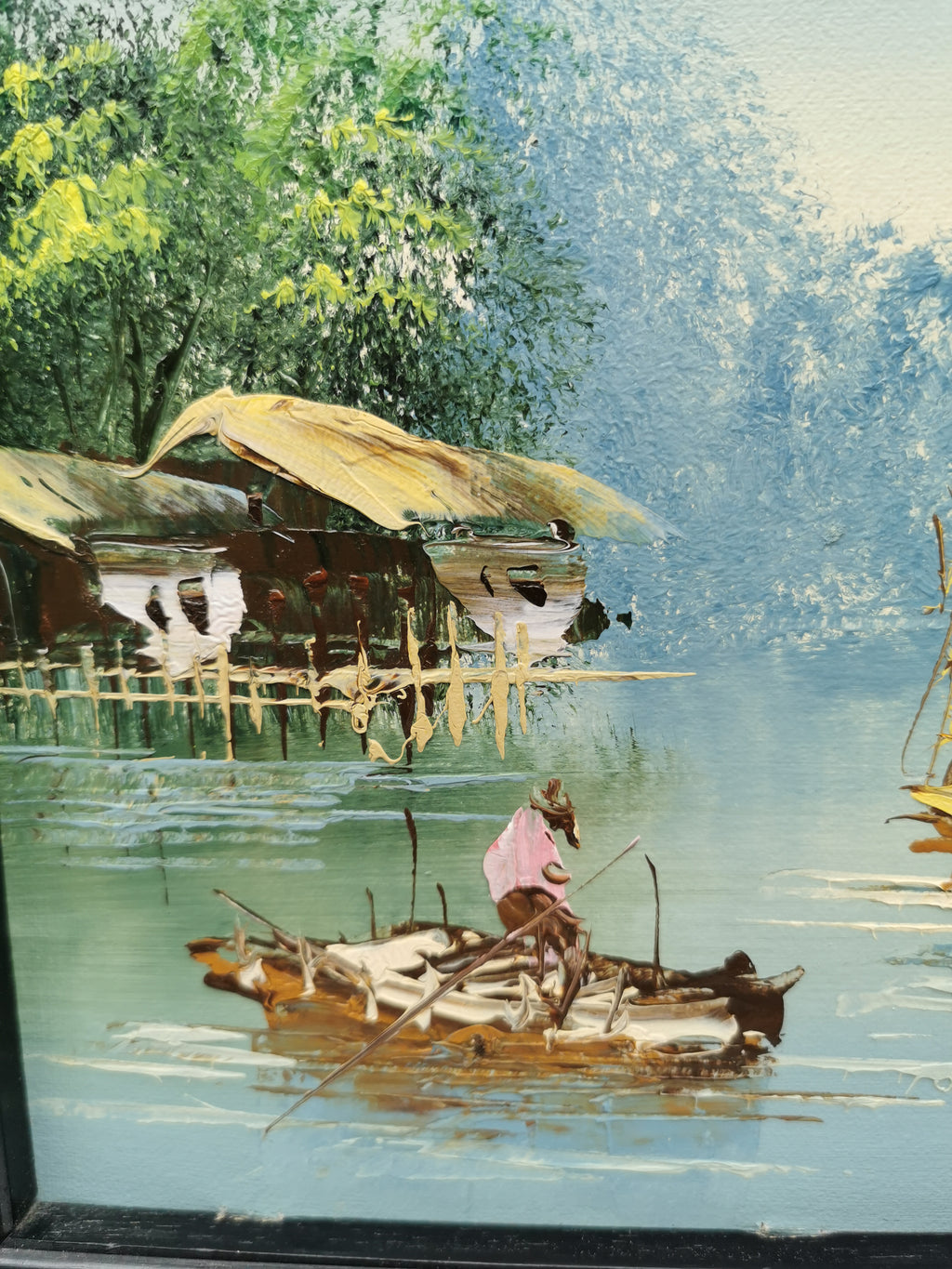 Vintage Mid-Century Chinese Junk Boats Oil Painting by Jang Ping