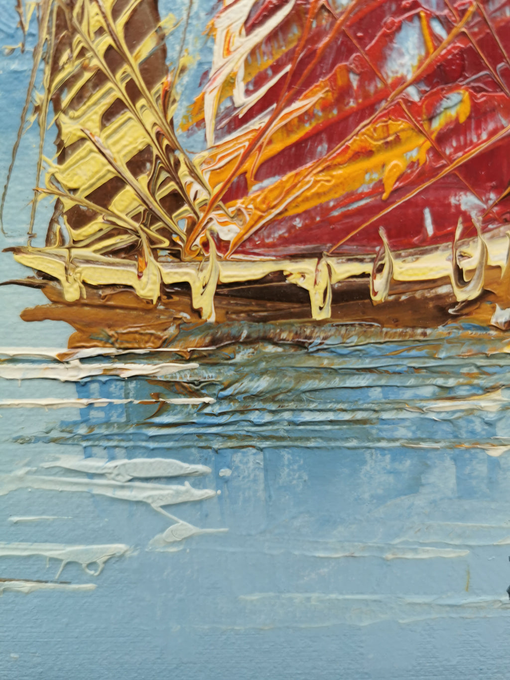 Vintage Mid-Century Chinese Junk Boats Oil Painting by Jang Ping