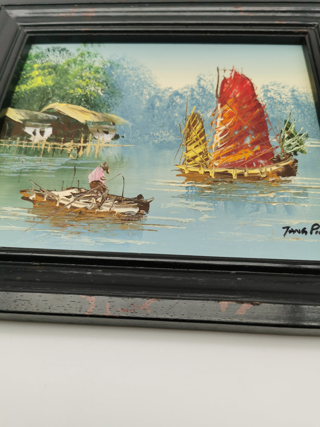 Vintage Mid-Century Chinese Junk Boats Oil Painting by Jang Ping