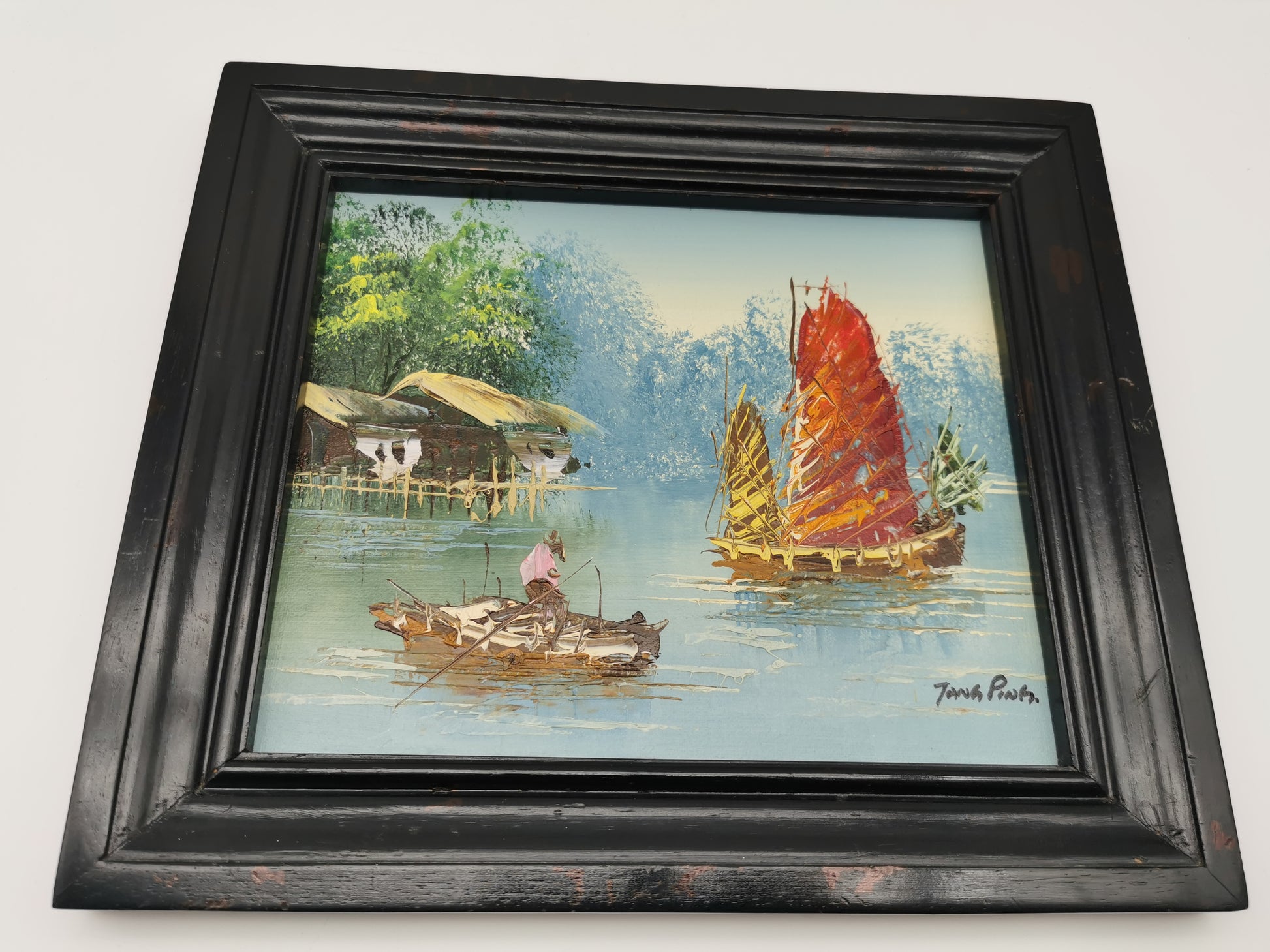 Vintage Mid-Century Chinese Junk Boats Oil Painting by Jang Ping