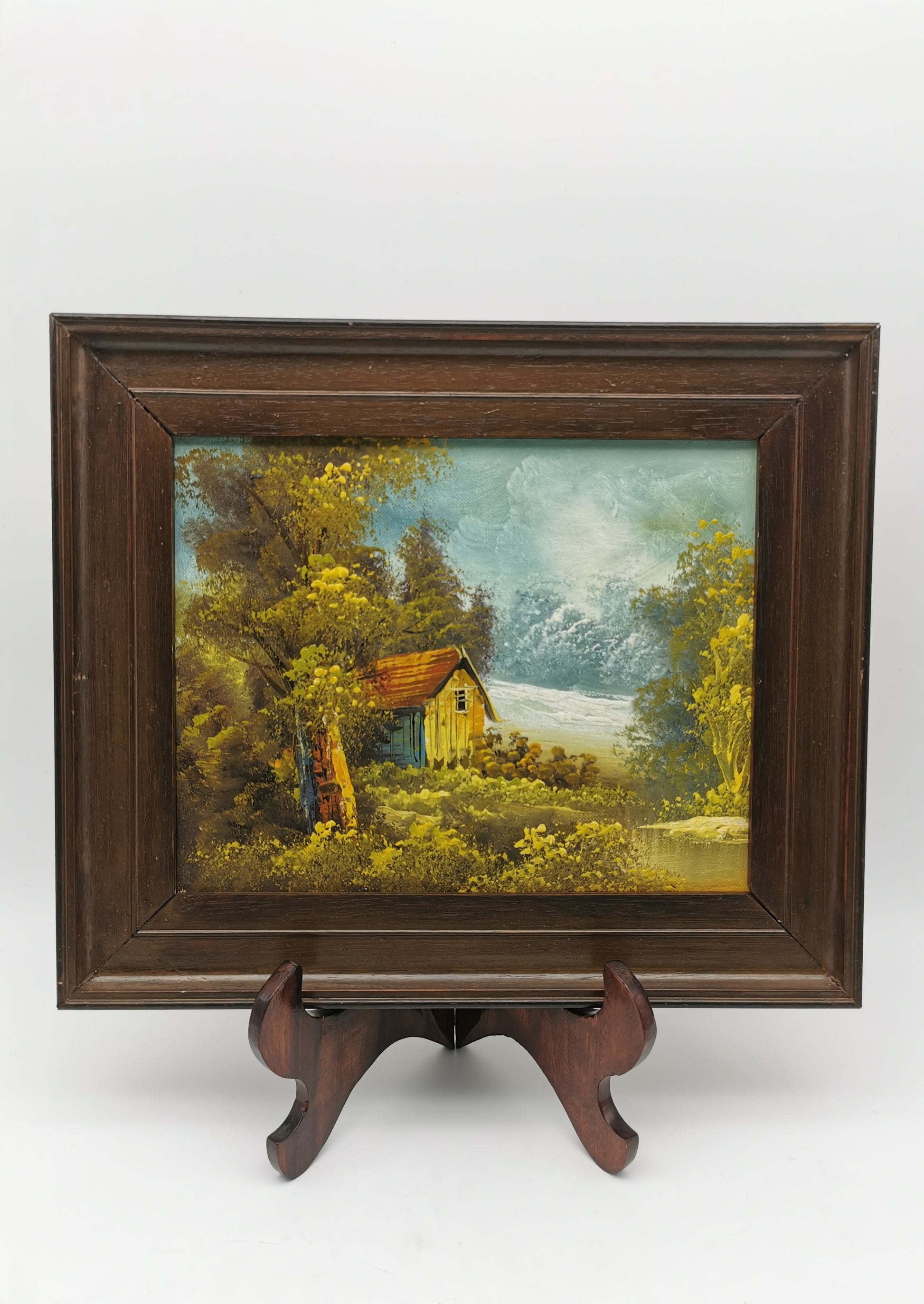 Vintage Original Oil Painting Forest and cabin landscape scene