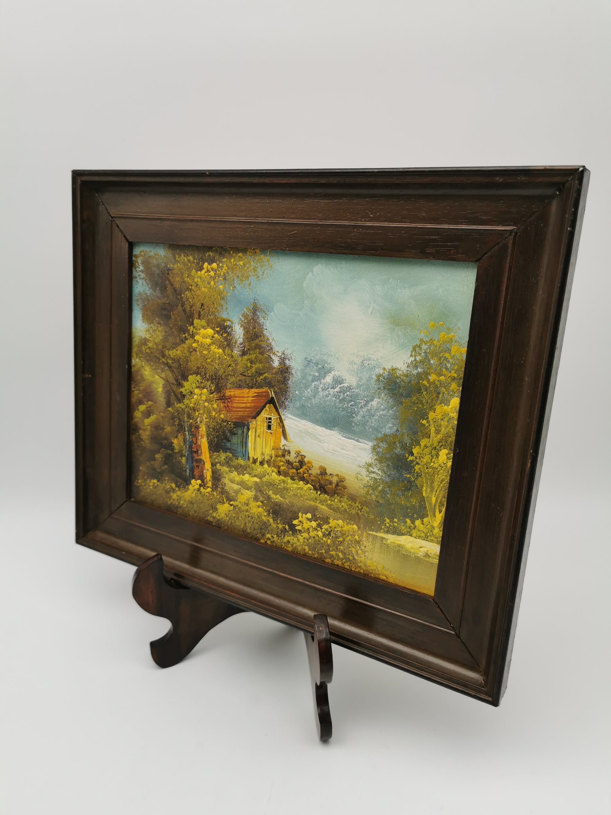 Vintage Original Oil Painting Forest and cabin landscape scene