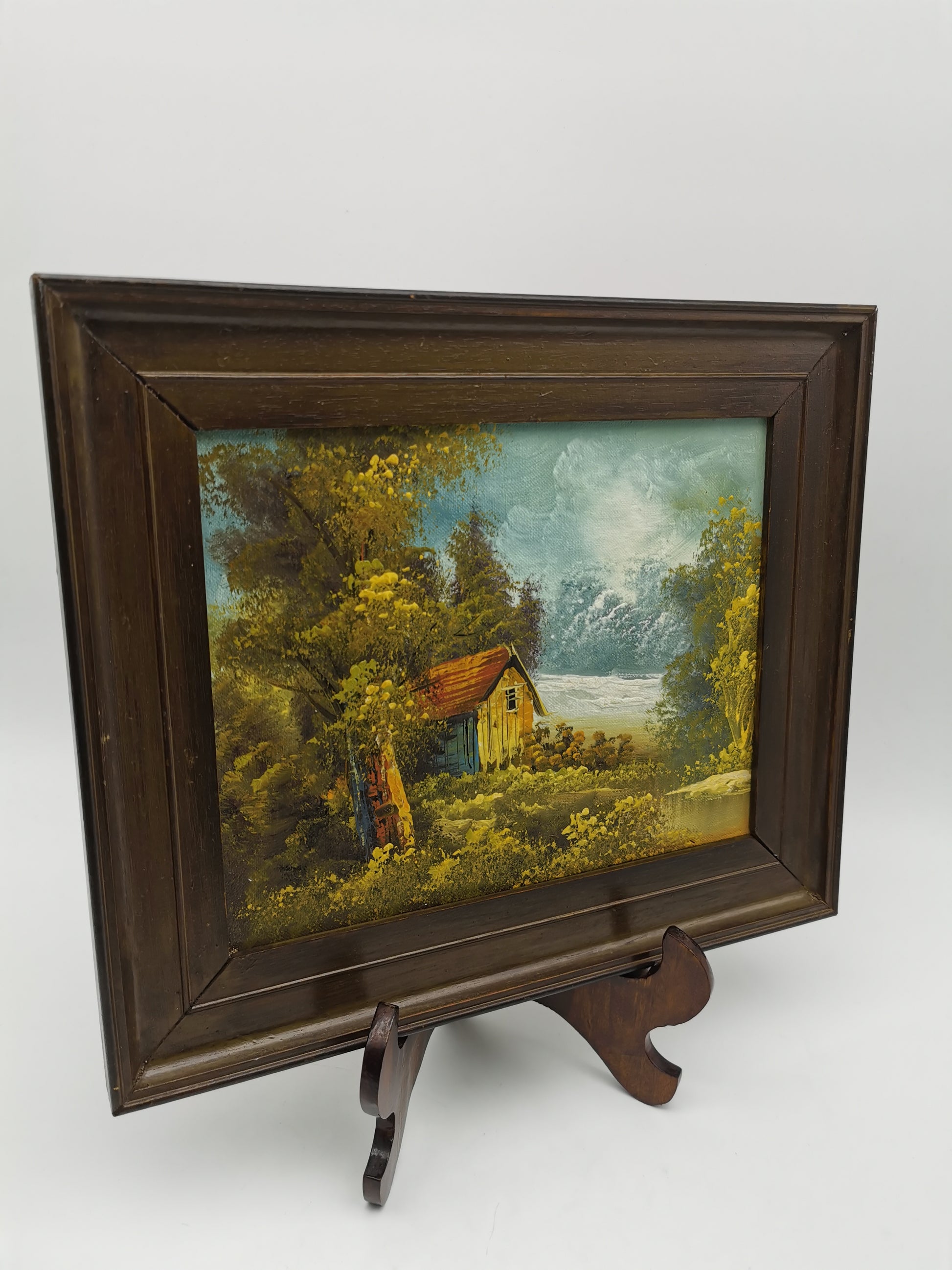 Vintage Original Oil Painting Forest and cabin landscape scene