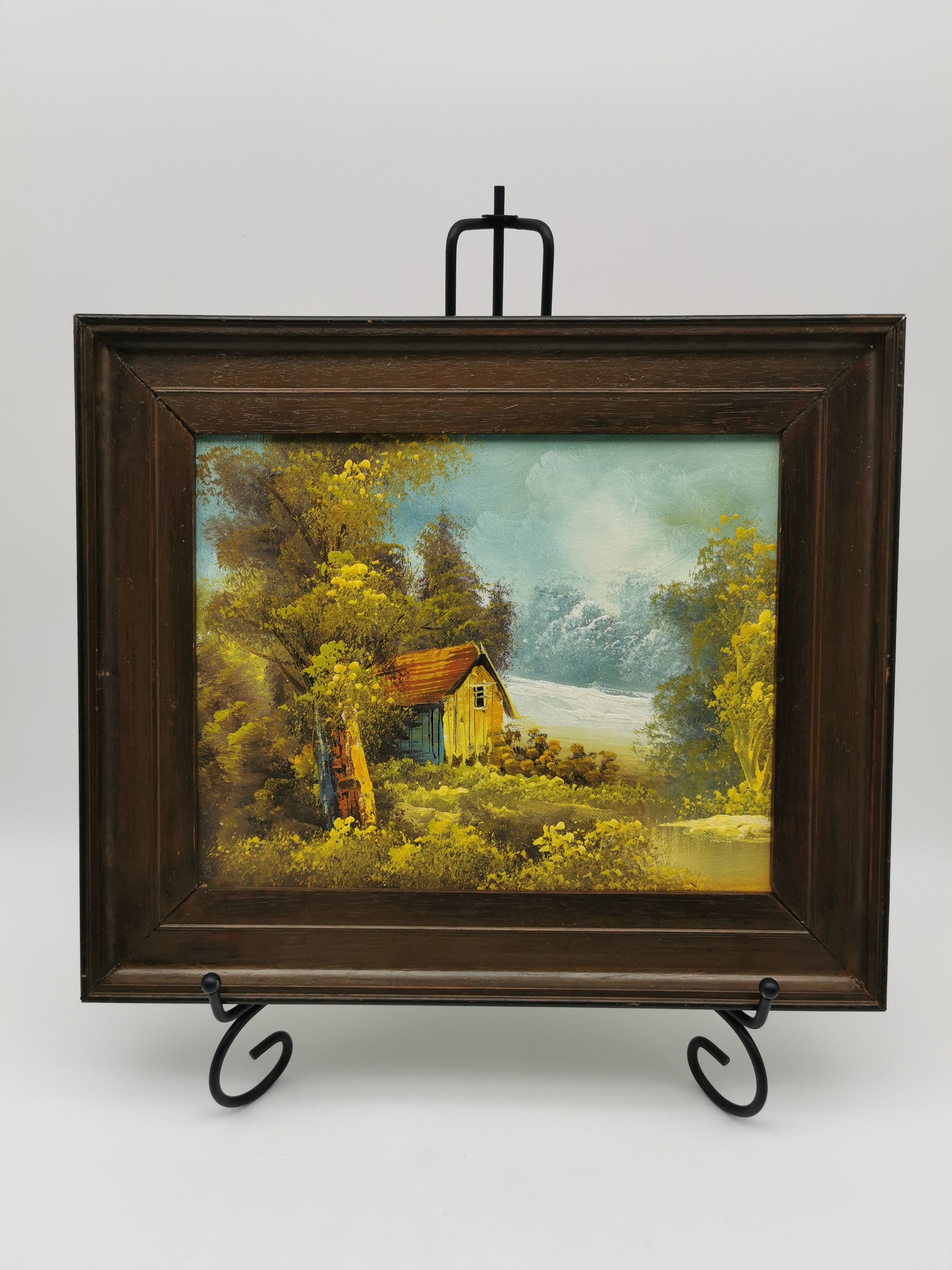 Vintage Original Oil Painting Forest and cabin landscape scene