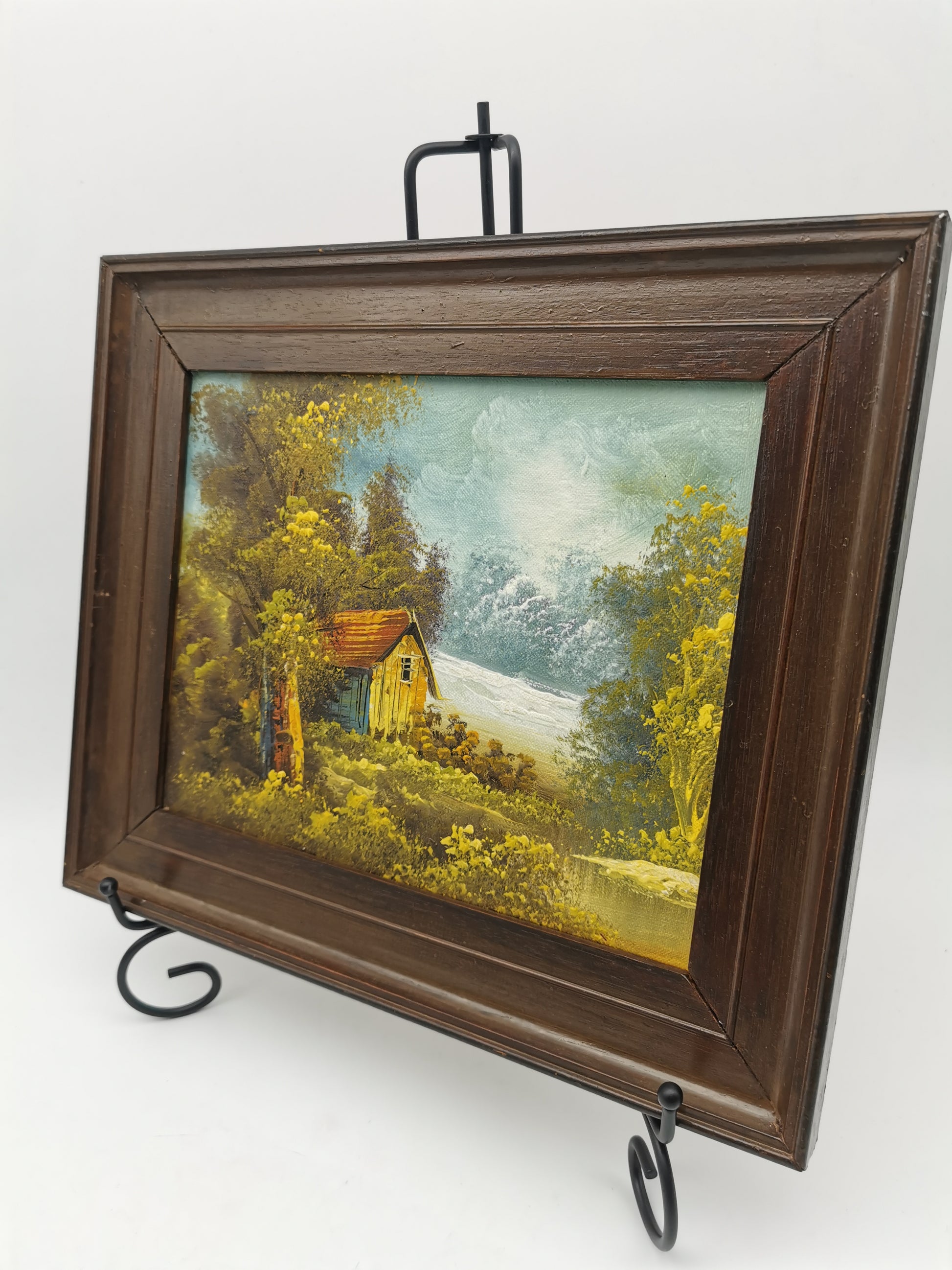 Vintage Original Oil Painting Forest and cabin landscape scene