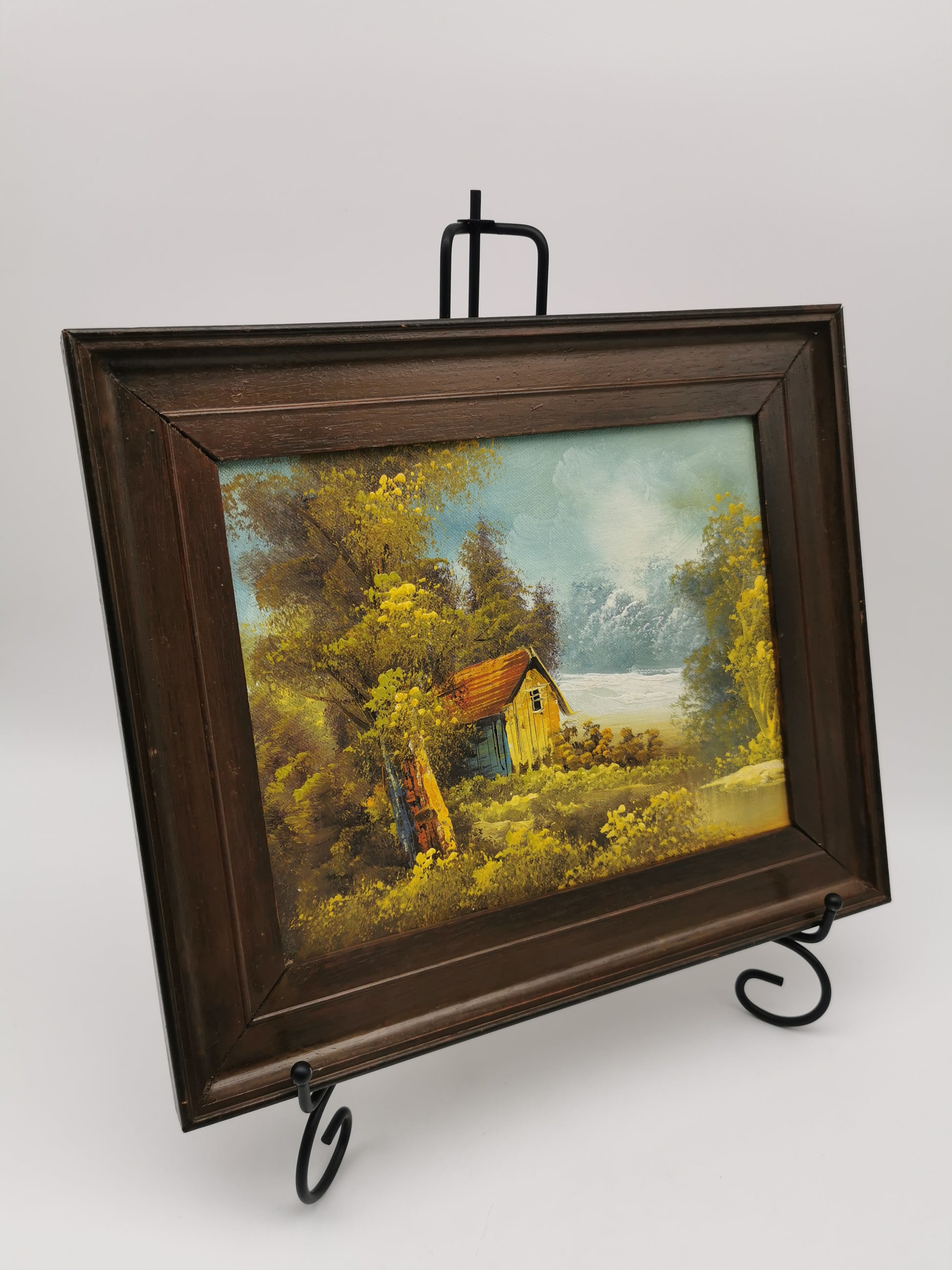 Vintage Original Oil Painting Forest and cabin landscape scene