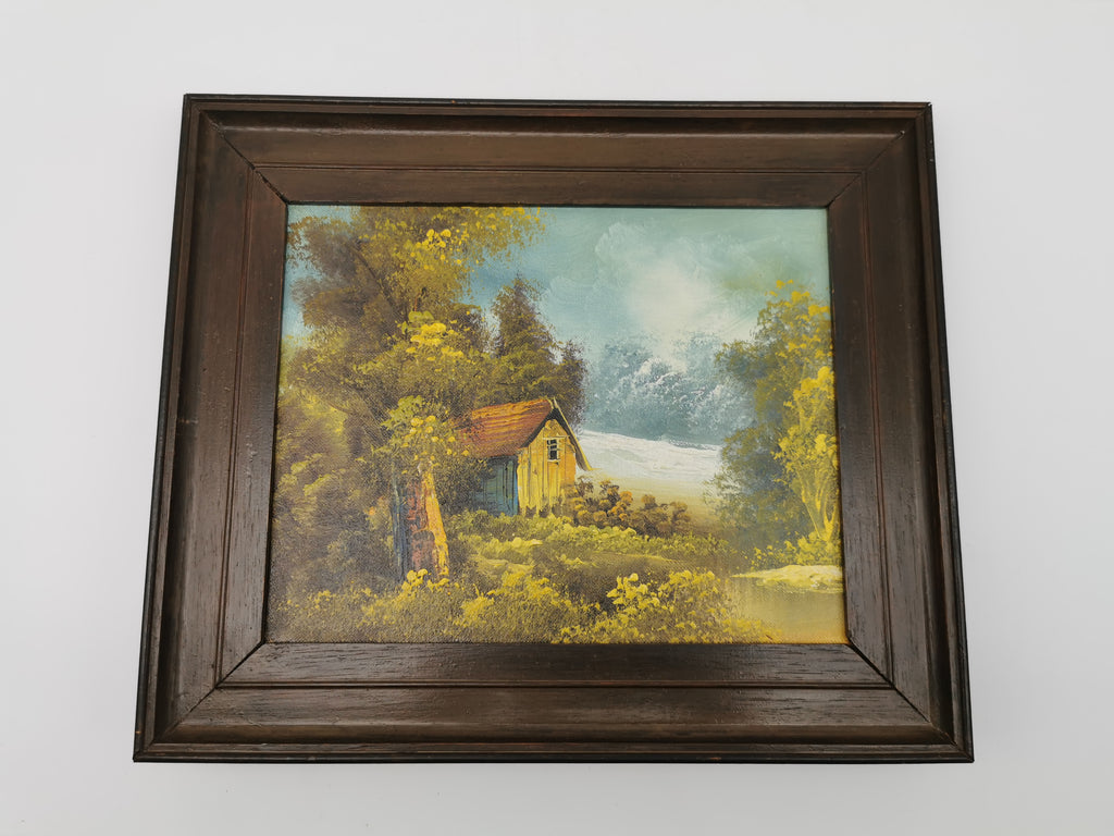 Vintage Original Oil Painting Forest and cabin landscape scene