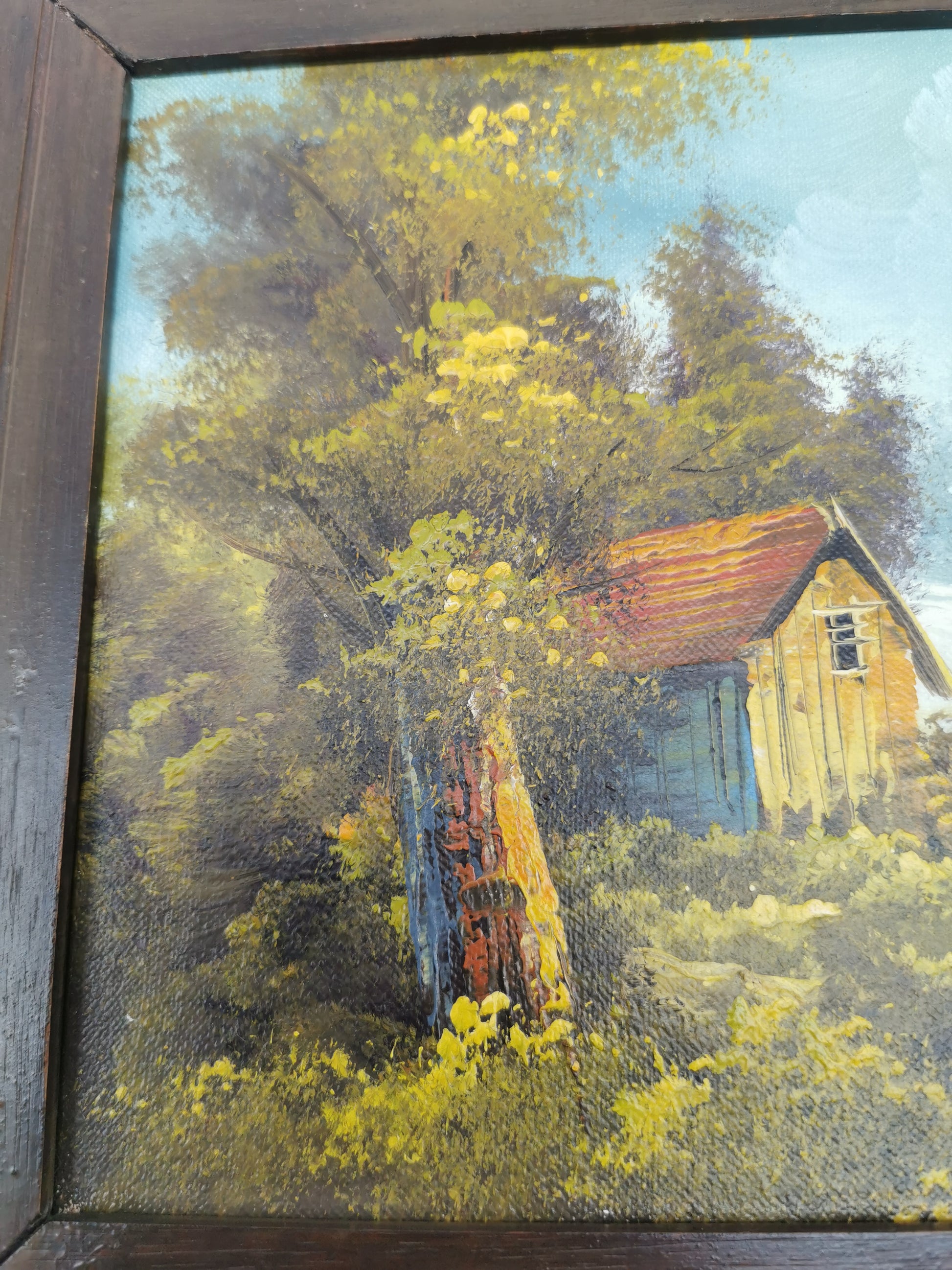Vintage Original Oil Painting Forest and cabin landscape scene
