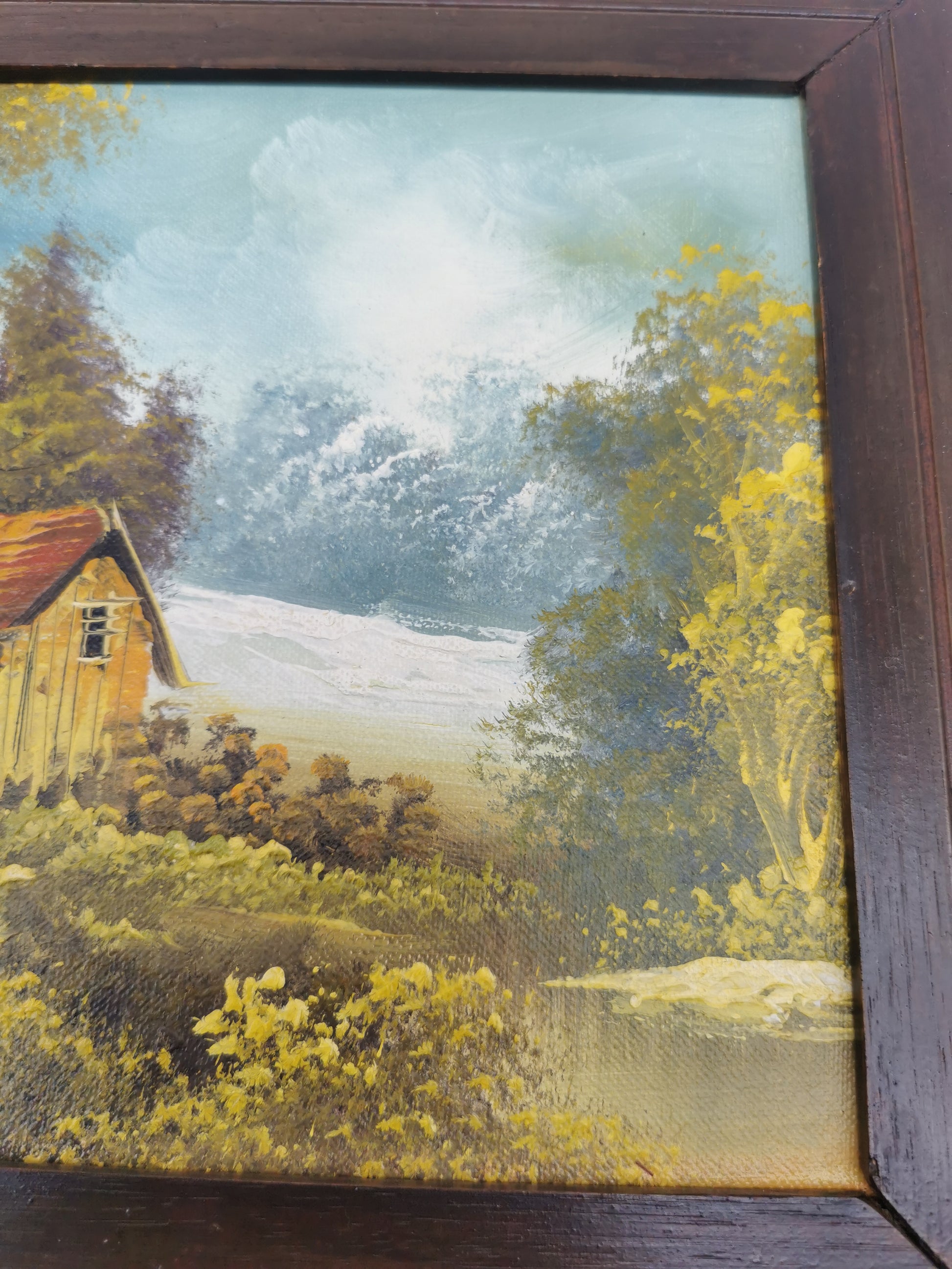 Vintage Original Oil Painting Forest and cabin landscape scene