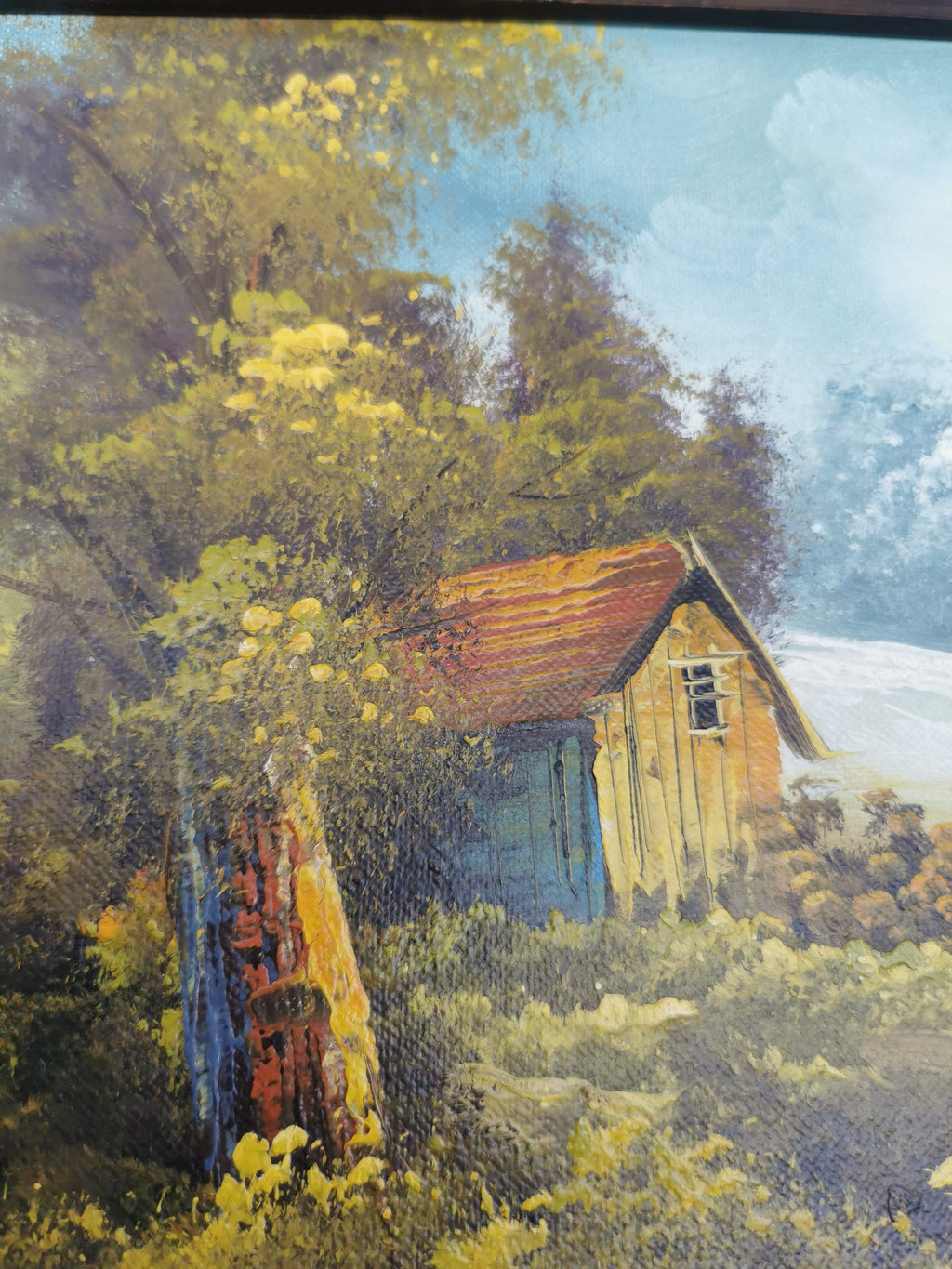 Vintage Original Oil Painting Forest and cabin landscape scene