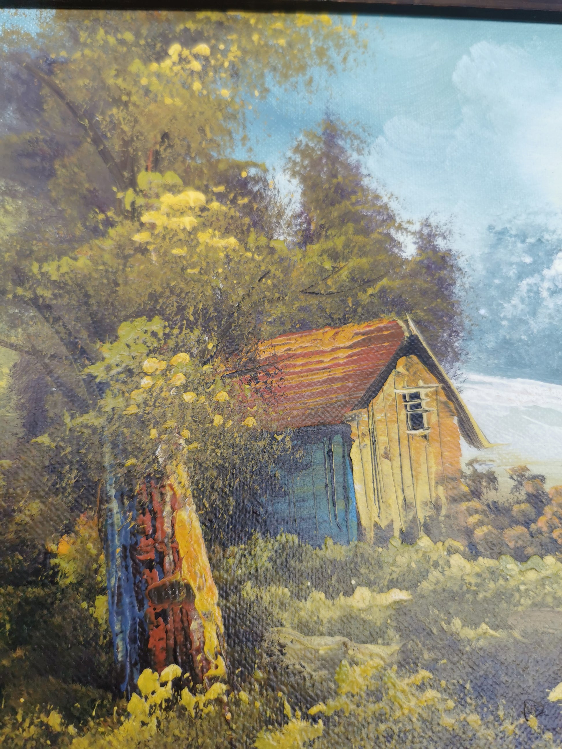 Vintage Original Oil Painting Forest and cabin landscape scene