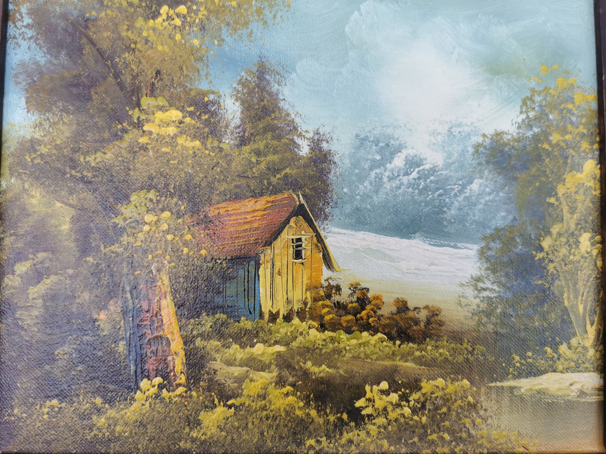 Vintage Original Oil Painting Forest and cabin landscape scene